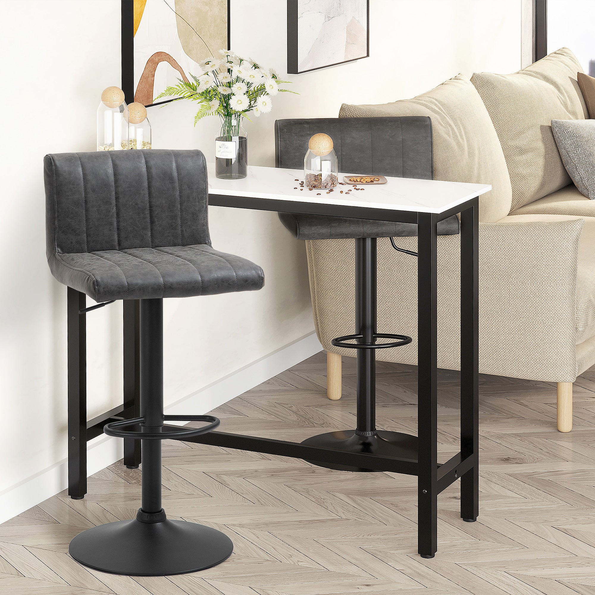 HOMCOM Adjustable Barstools Set of 2, Swivel Counter Bar Chairs, Bar Stools with Footrest, PU Leather, Gas Lift, Grey - North Peak Garden Furniture