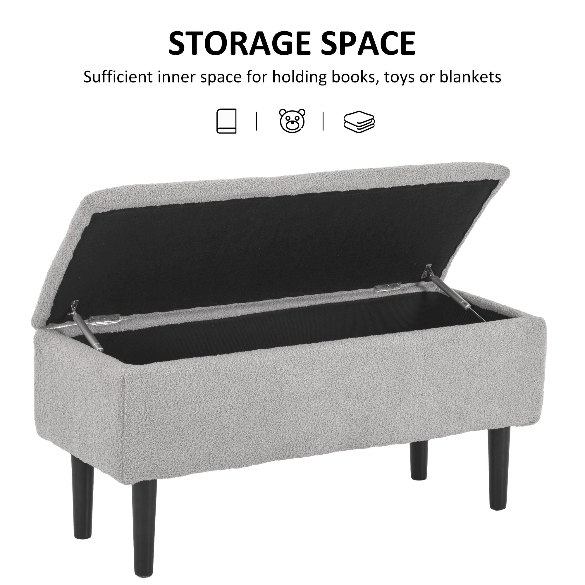 HOMCOM 47L Foldable Storage Ottoman, End of Bed Bench with Wooden Legs, Fabric Footstool for Living Room, Bedroom, 95 x 38 x 45cm, Grey - North Peak Garden Furniture