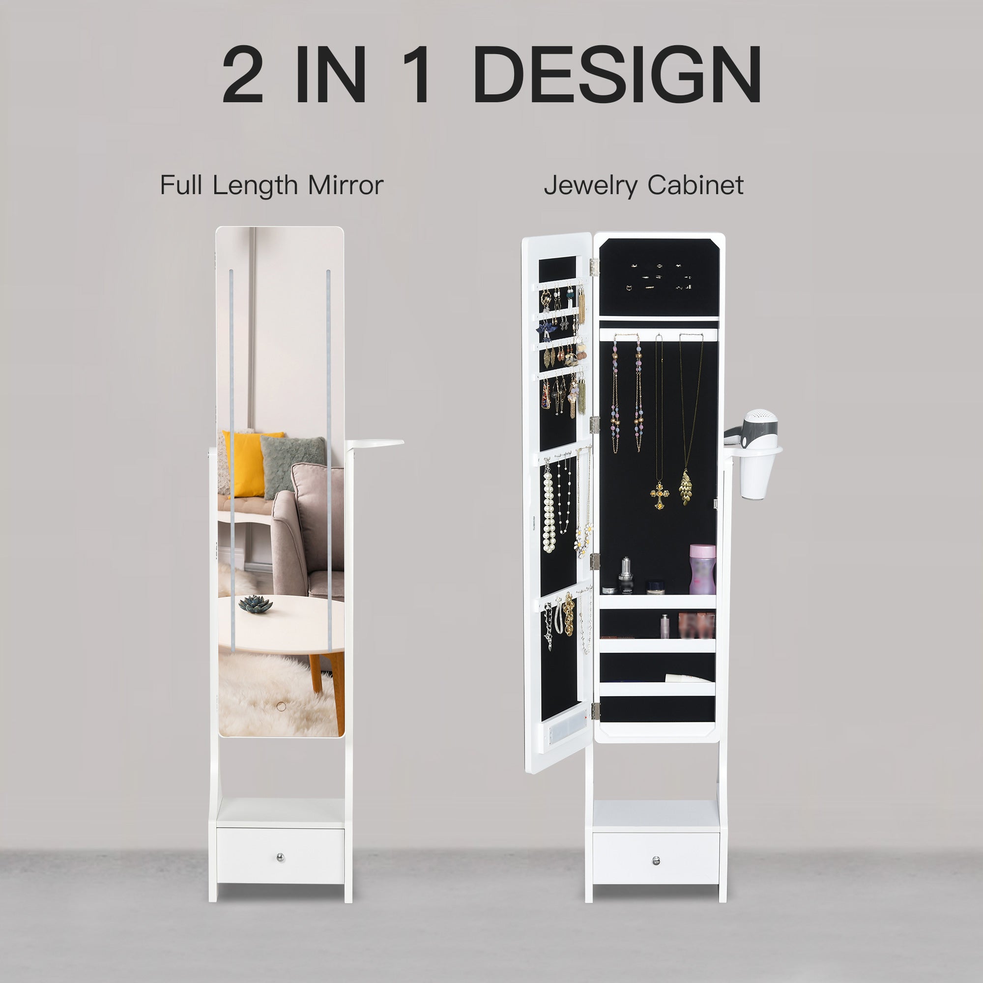 HOMCOM Jewellery Cabinet, Full Length Mirror with Storage, Free Standing Mirror with LED Lights, Hooks, Drawer and Hairdryer Holder for Bedroom, White - North Peak Garden Furniture