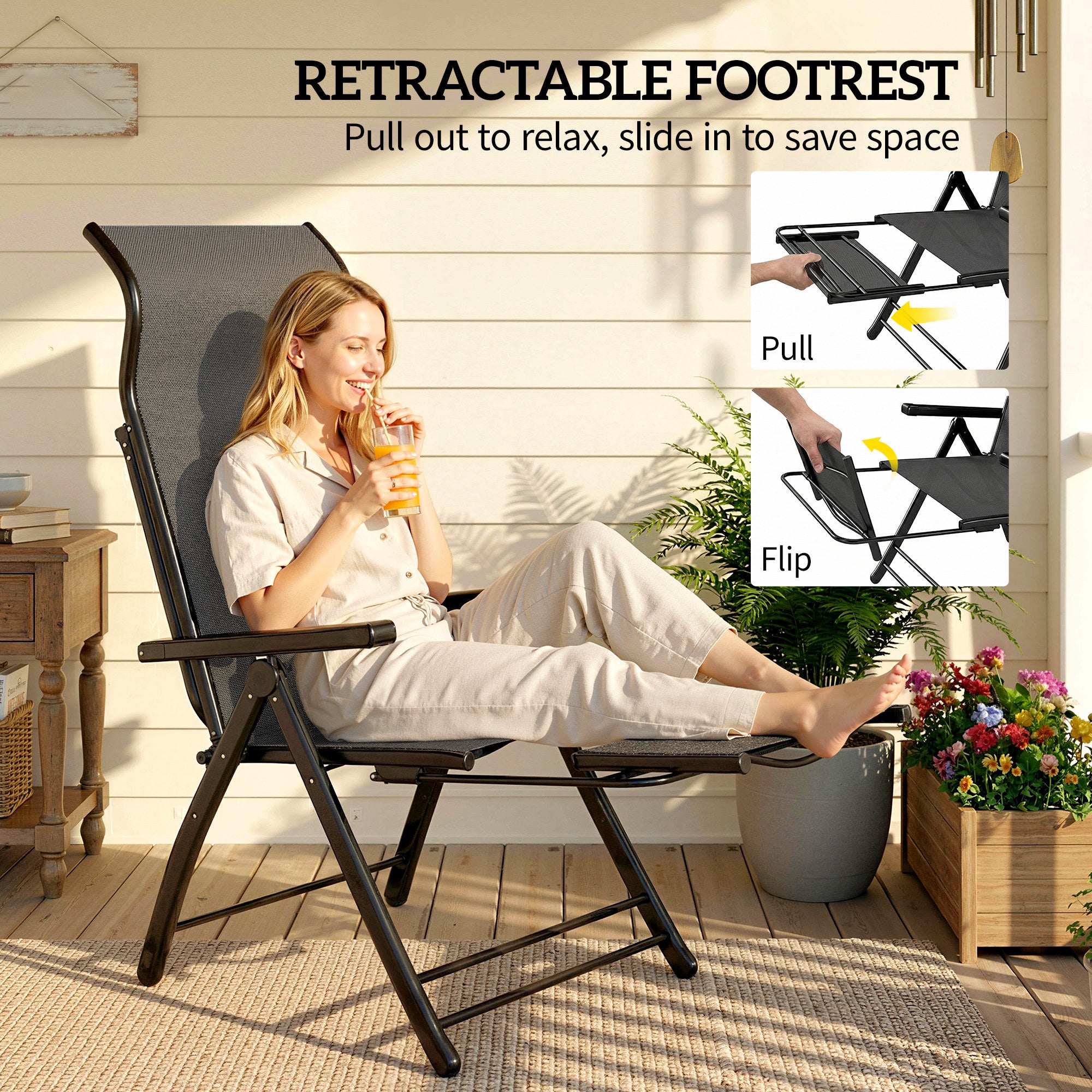 Outsunny Reclining Garden Chairs Set of 2, 5-Position Folding Sun Loungers with High Back, Retractable Footrest, Dark Grey