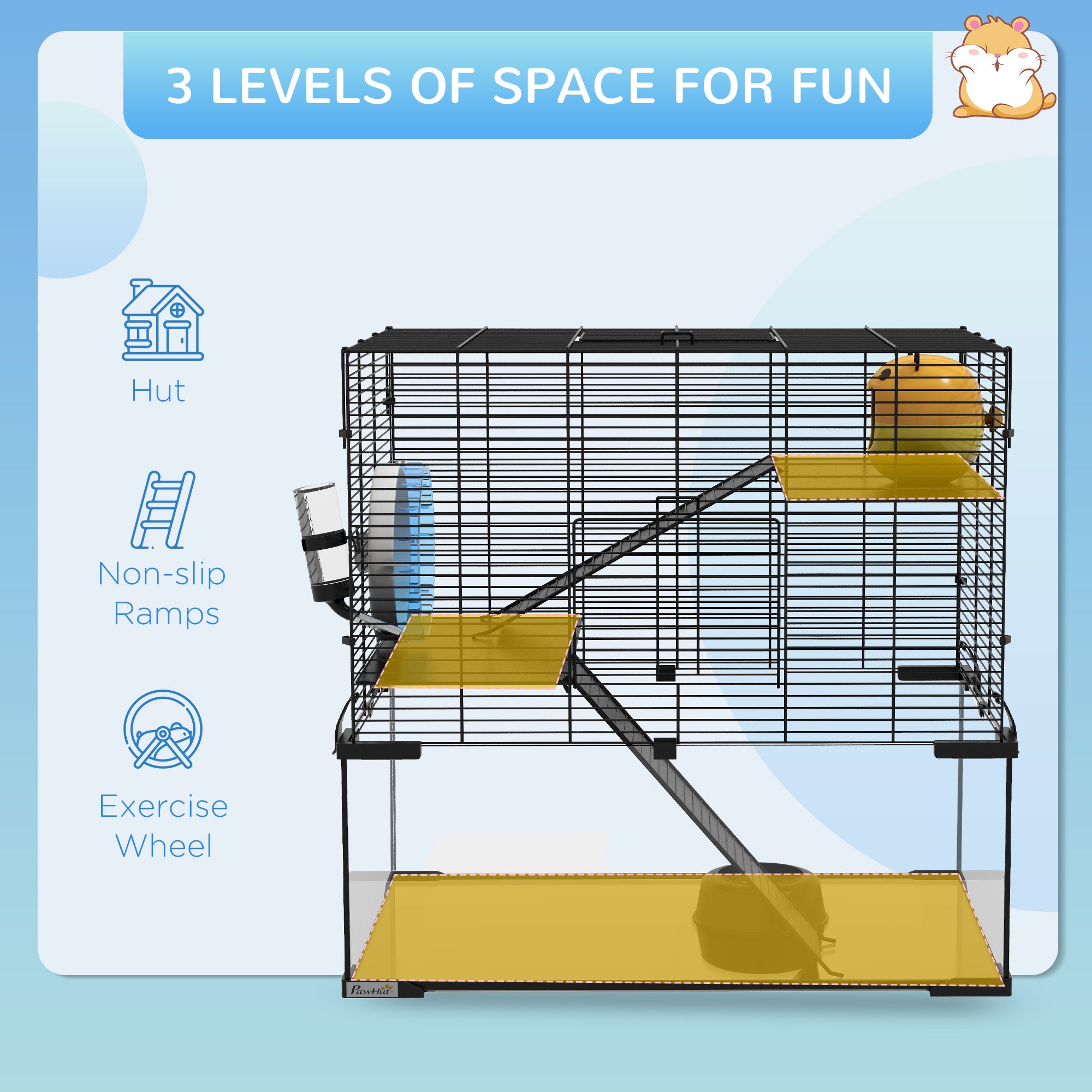 PawHut 3 Tiers Hamster Cage, Gerbil Cage with Deep Glass Bottom, Non-Slip Ramps, Platforms, Hut, Exercise Wheels, Water Bottle, Dish, for Syrian Hamster, Dwarf Hamster, 60 x 40 x 57cm - North Peak Garden Furniture
