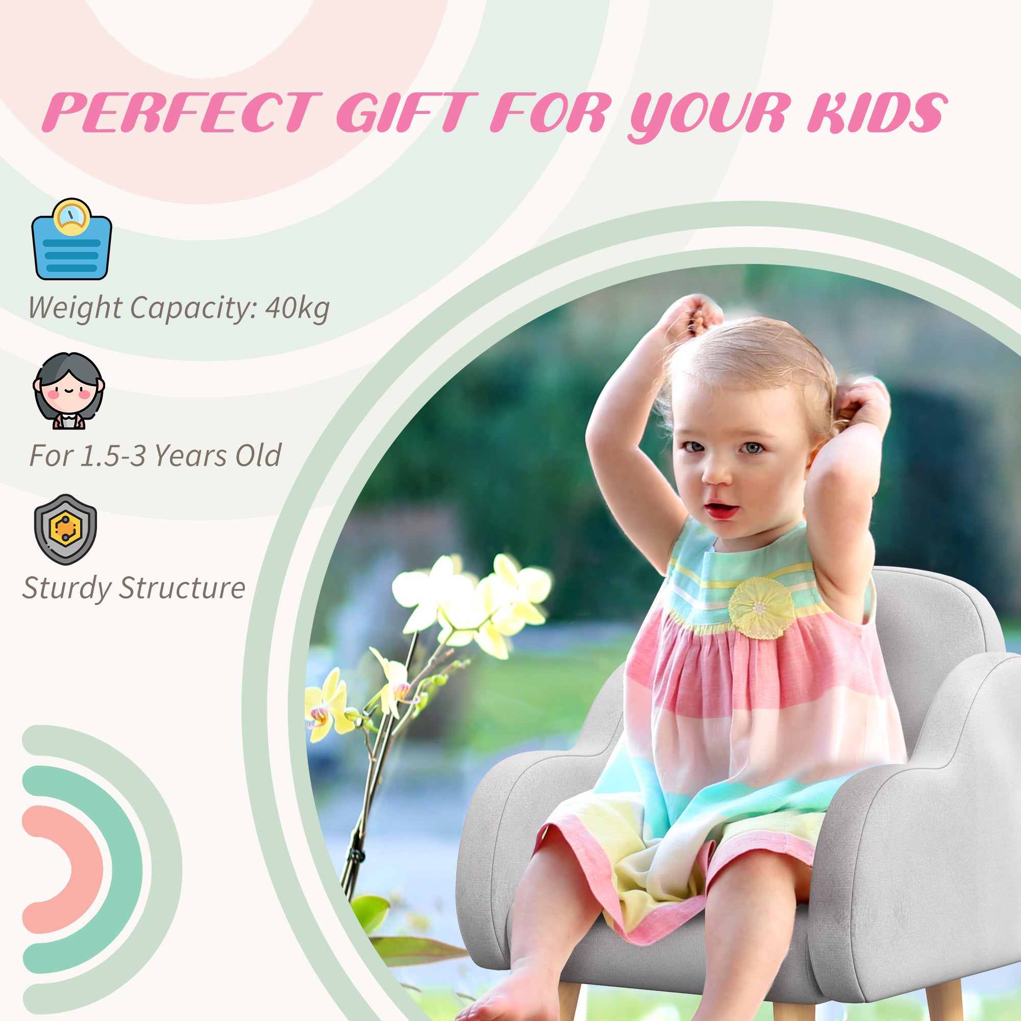 ZONEKIZ Kids Armchair Toddler Sofa Children Chair with Arm Rest, Wooden Frame, Velvet, PP Legs, Cloud Shape, for Ages 1.5-3 Years - Grey - North Peak Garden Furniture