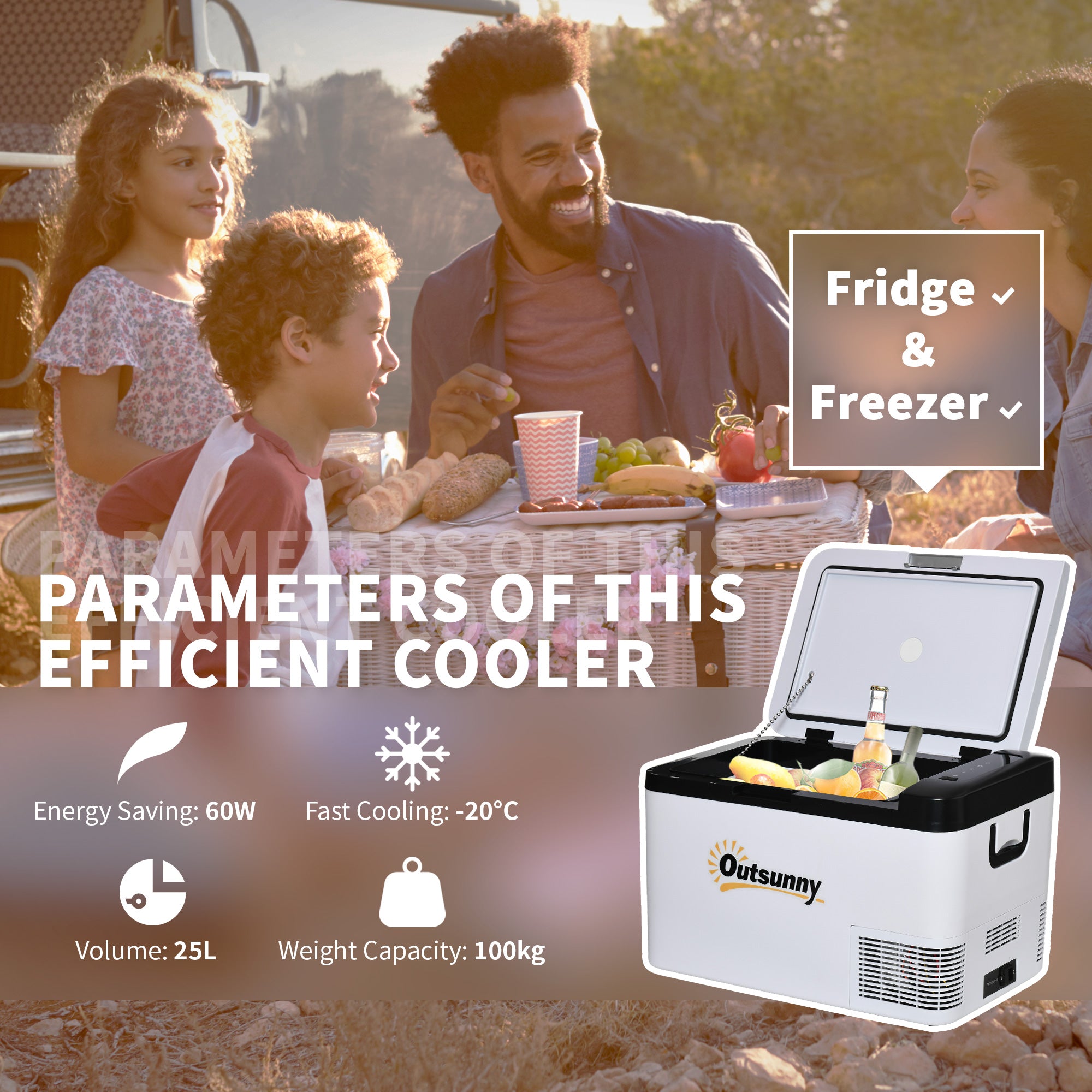 Outsunny 12V Car Refrigerator w/ LED Light & Foldable Handles, 25L Portable Compressor Cooler, Fridge Freezer with 12/24V DC and 110-240V AC for Campervan RV Boat Travel