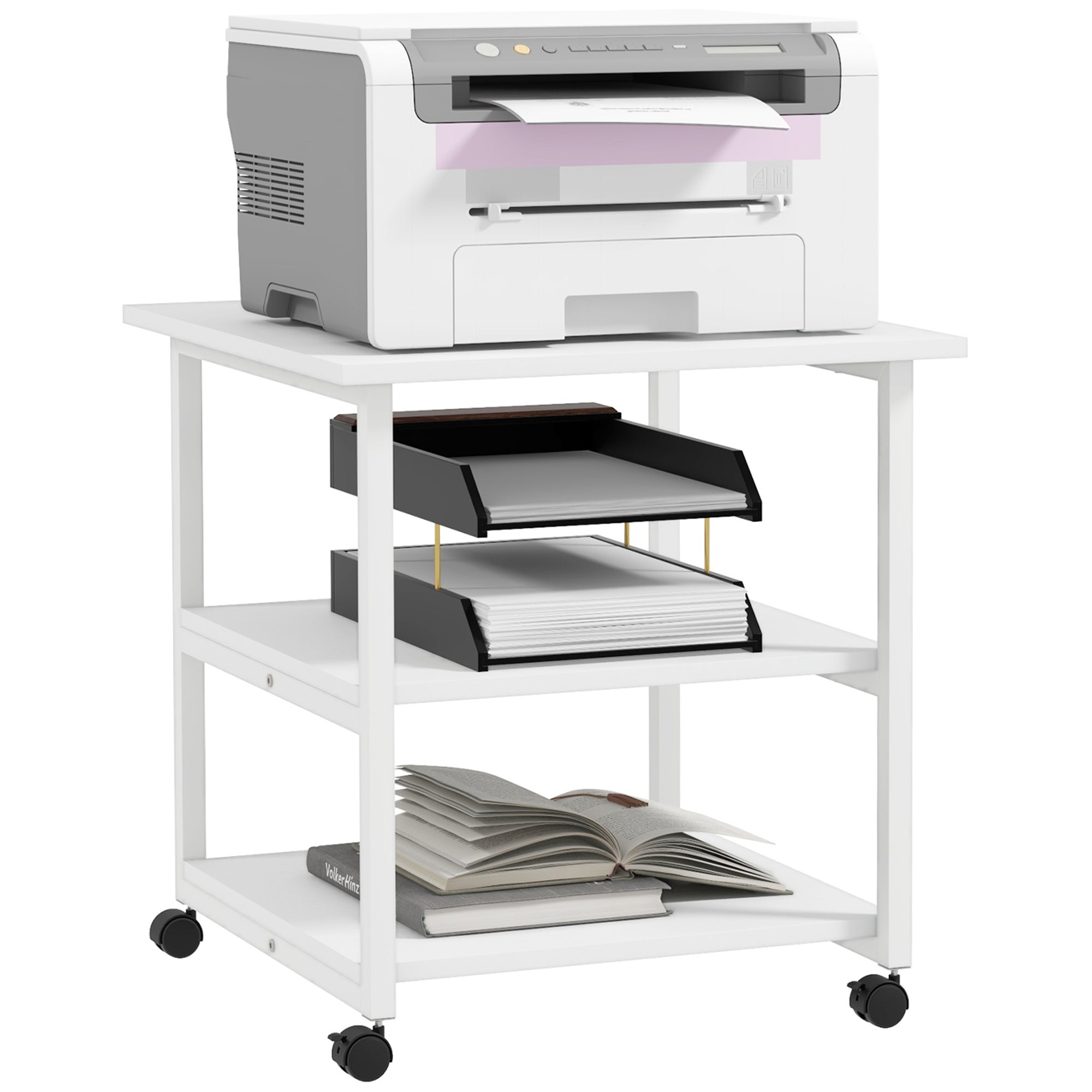 HOMCOM Three-Tier Steel Printer Stand, with Wheels - White - North Peak Garden Furniture