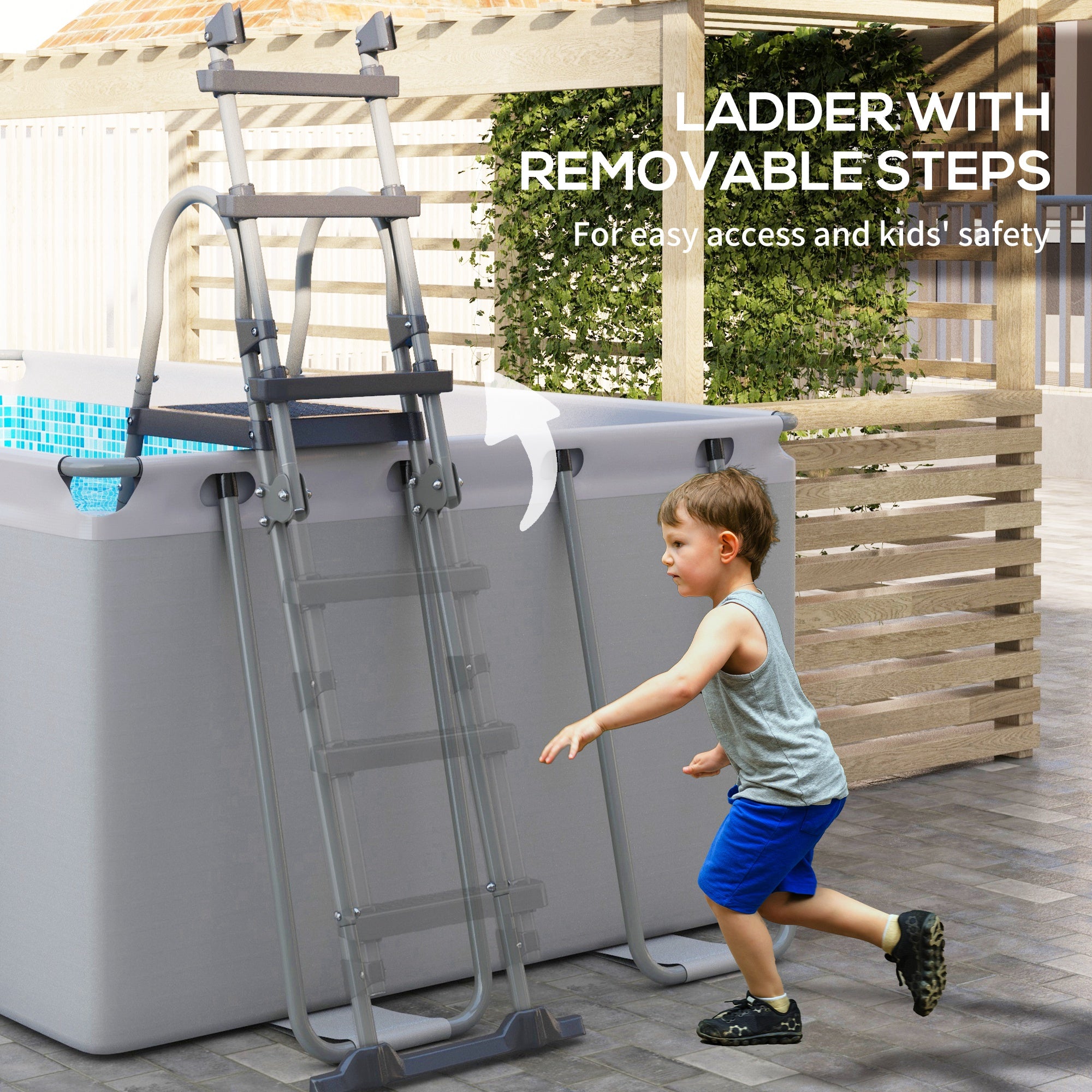 Outsunny Rectangle Steel Frame Swimming Pool with Ladder and Pump - Grey