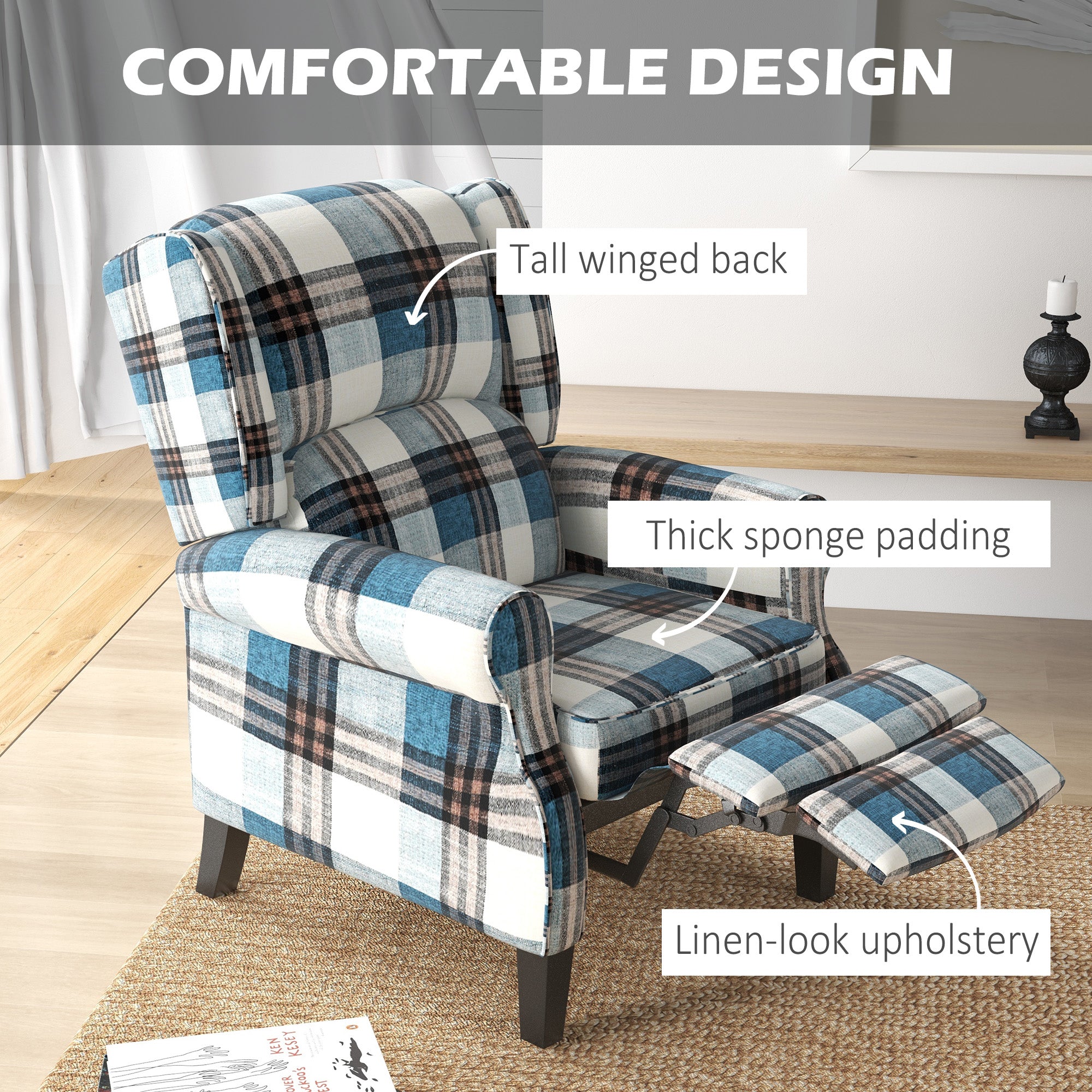 HOMCOM Wingback Reclining Chair Push Back Recliner Armchair for Living Room Bedroom with Footrest Armrests Wood Legs Blue - North Peak Garden Furniture