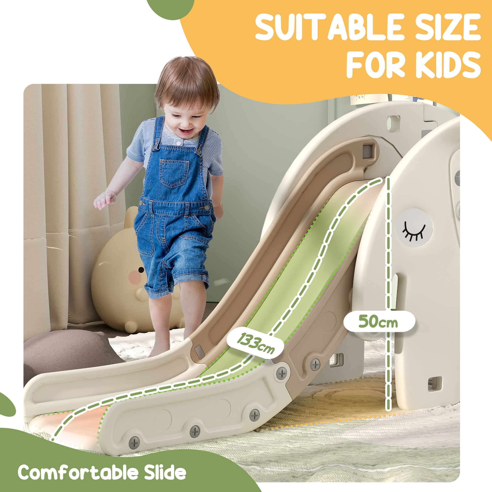 AIYAPLAY 3 in 1 Toddler Slide with Basketball Hoop, Climber, Elephant-Themed, for 1-3 Years, Cream White - North Peak Garden Furniture