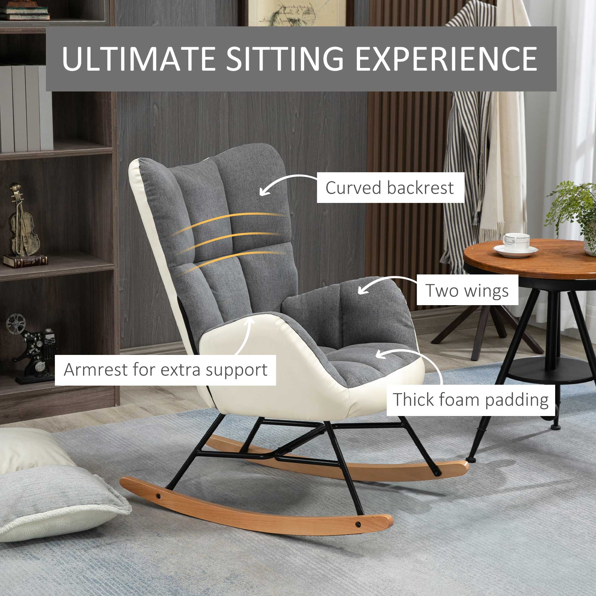 HOMCOM Soft Padded Rocking Wingback Armchair, with Wooden Legs - Grey/Cream - North Peak Garden Furniture