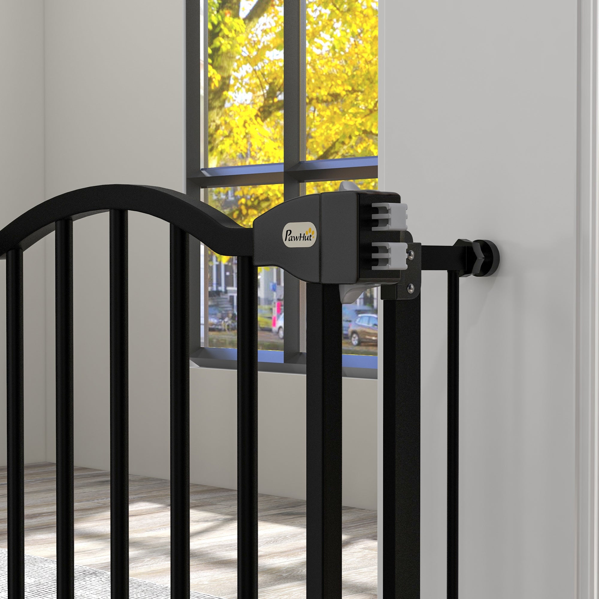 PawHut Metal 74-94cm Adjustable Pet Gate Safety Barrier w/ Auto-Close Door Black - North Peak Garden Furniture
