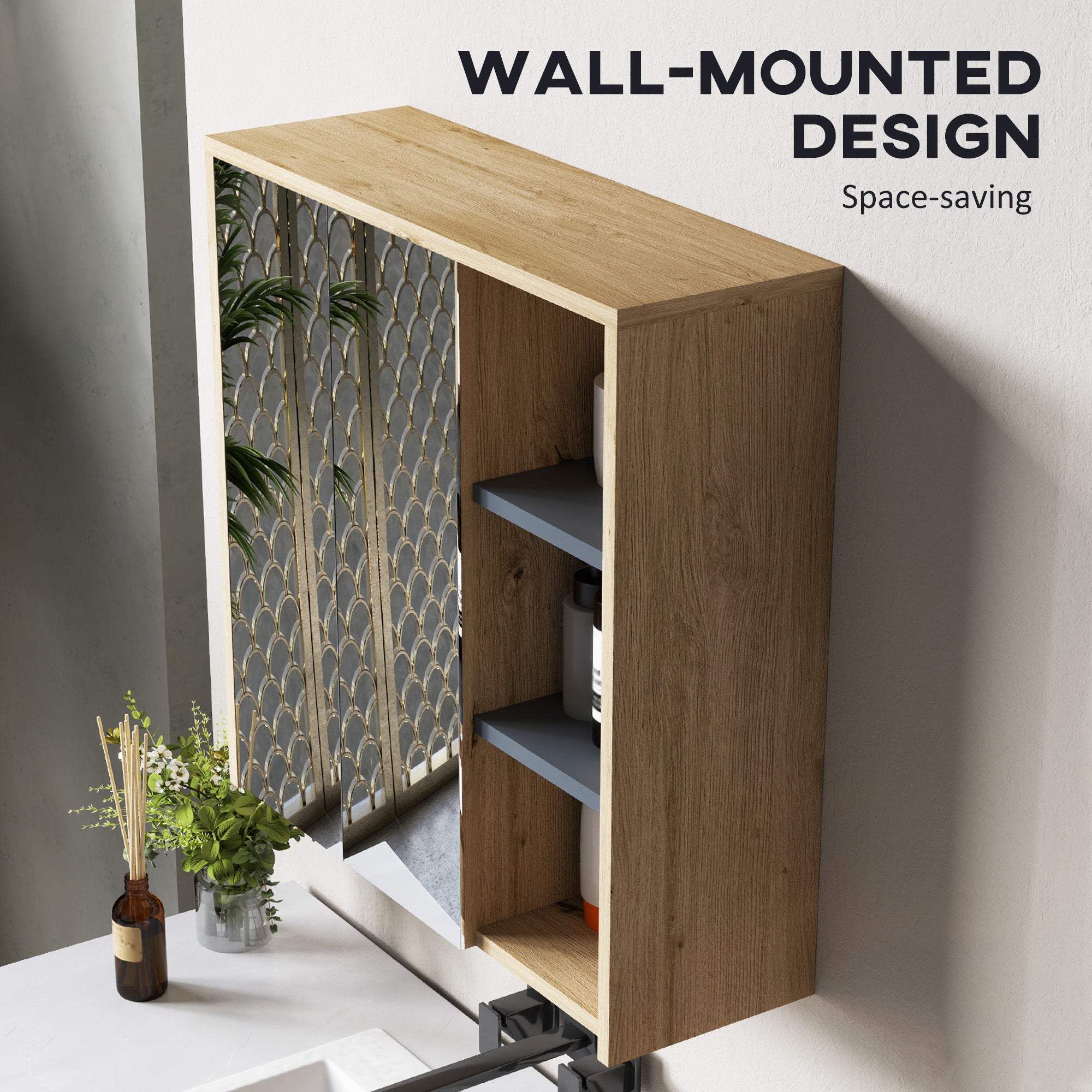 HOMCOM Five-Shelf Mirrored Bathroom Cabinet - Wood-Effect - North Peak Garden Furniture