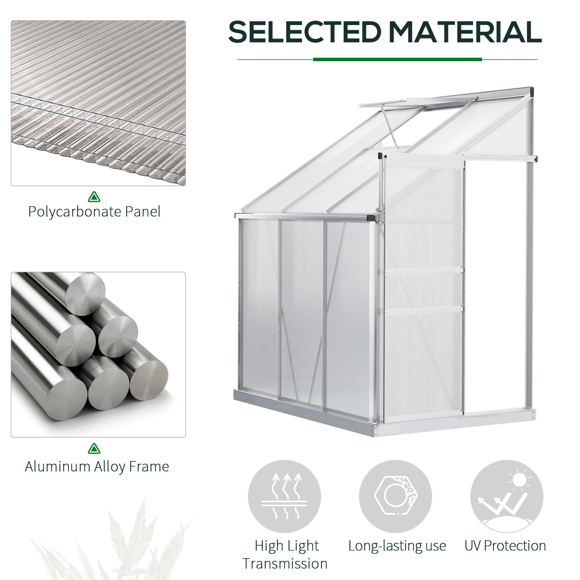 Outsunny 6 x 4ft Lean to Wall Polycarbonate Greenhouse Aluminium Walk-in Garden Greenhouse with Adjustable Roof Vent, Rain Gutter and Sliding Door, Clear - North Peak Garden Furniture