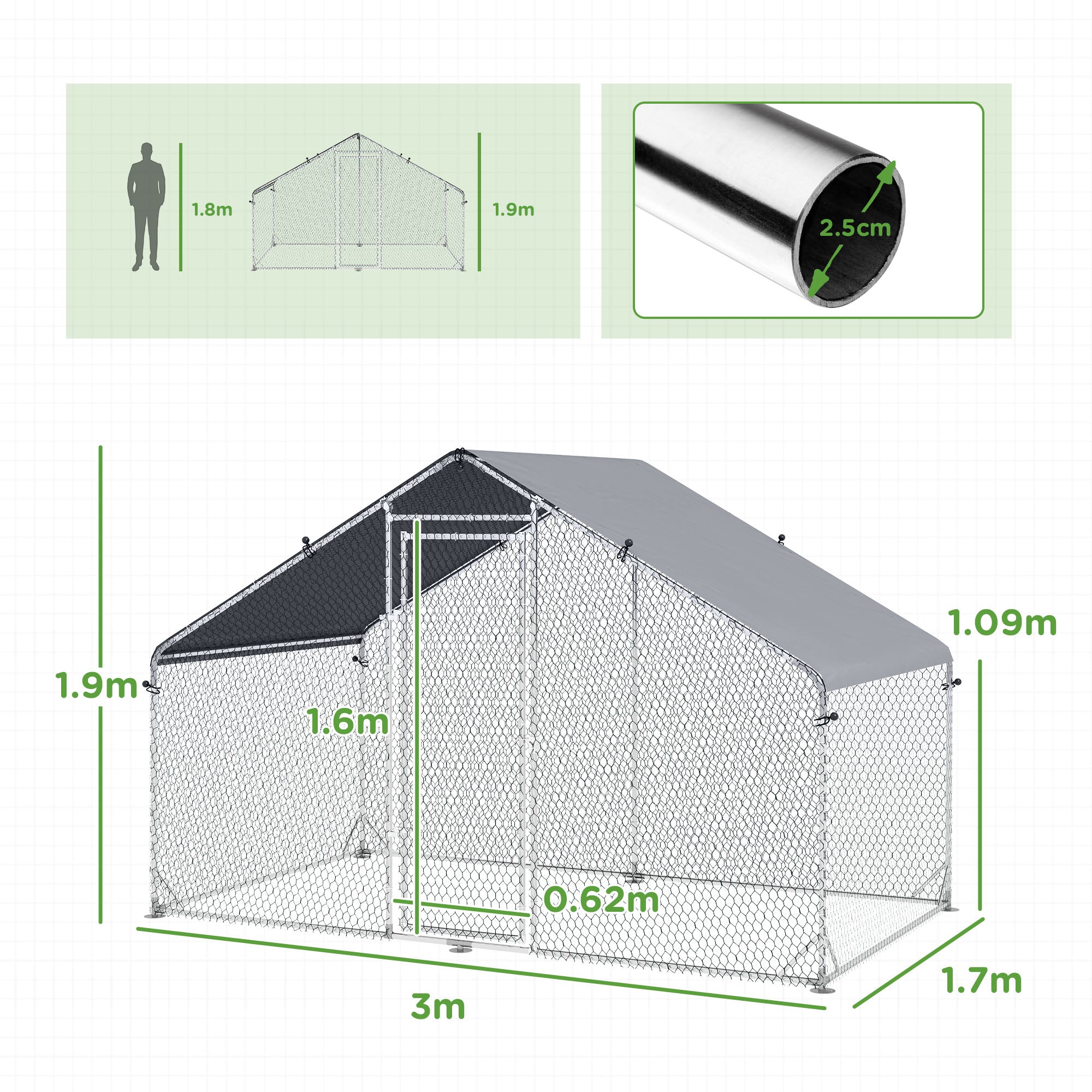 PawHut Galvanised Walk In Chicken Coop Hen House w/ Water-Resist Cover, 3 x 1.7 x 1.9m - North Peak Garden Furniture