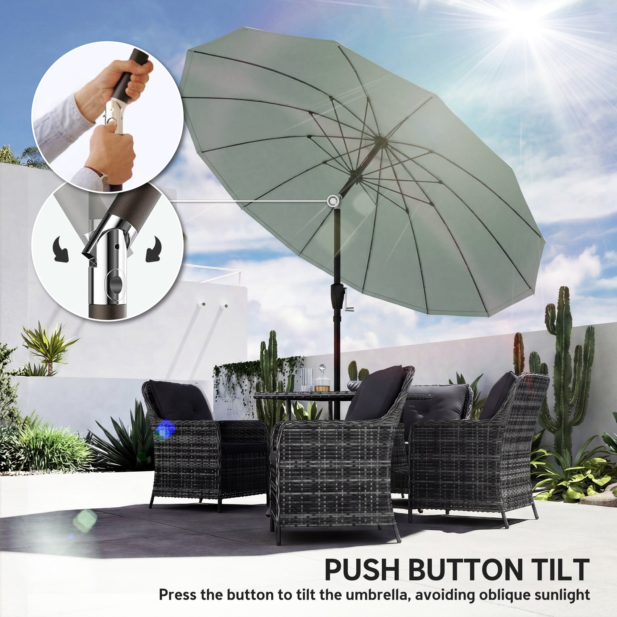 Outsunny 2 m Shanghai Garden Parasol Umbrella with 16 Fibreglass Ribs, Outdoor Parasol Sun Shade with Crank & Tilt, Turquoise