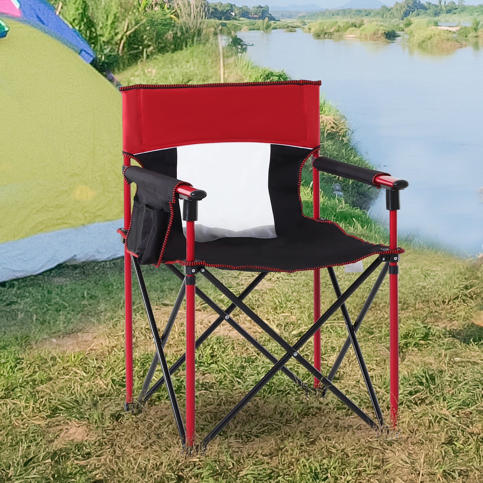 Outsunny Portable Folding Camping Chair, Durable Metal Frame with Comfortable Sponge Padding and Convenient Storage Pockets, Eye-Catching Red