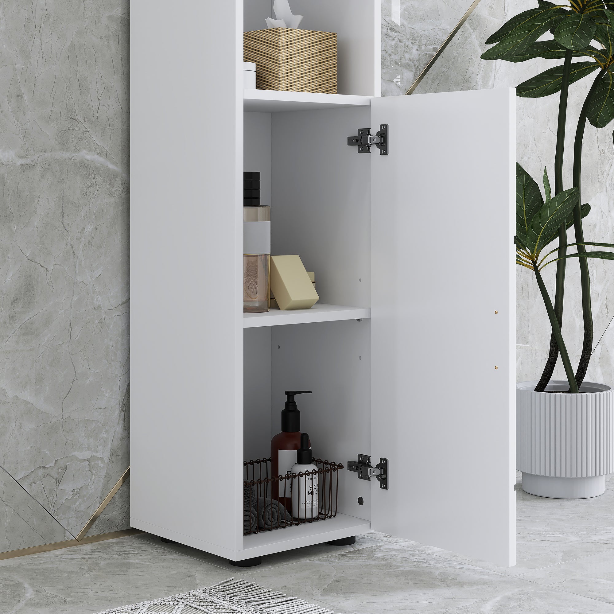 kleankin Line Embossed Tall Bathroom Storage Cabinet - White - North Peak Garden Furniture