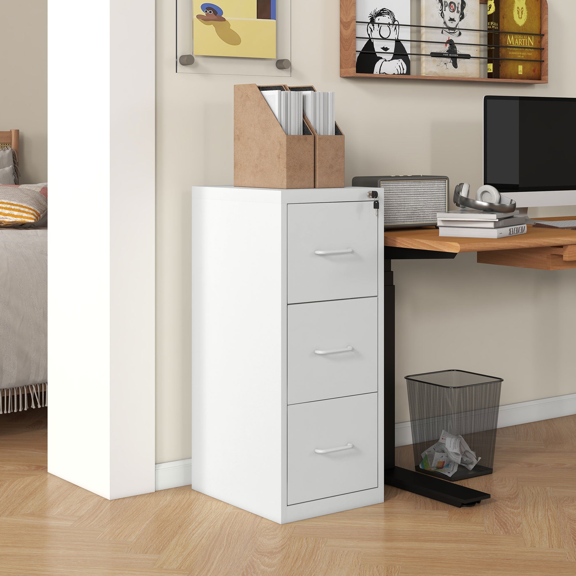 HOMCOM Three-Drawer Modern Steel Filing Cabinet - Cream - North Peak Garden Furniture