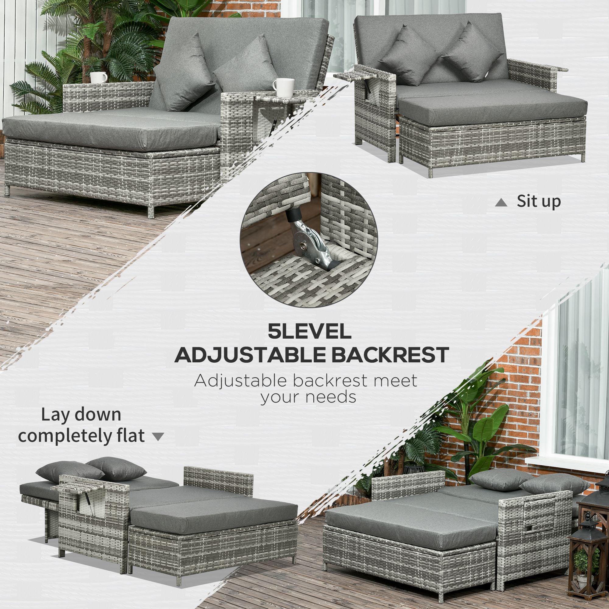 Outsunny 2 Seater Assembled Garden Patio Outdoor Rattan Furniture Sofa Sun Lounger Daybed with Fire Retardant Sponge - Grey - North Peak Garden Furniture