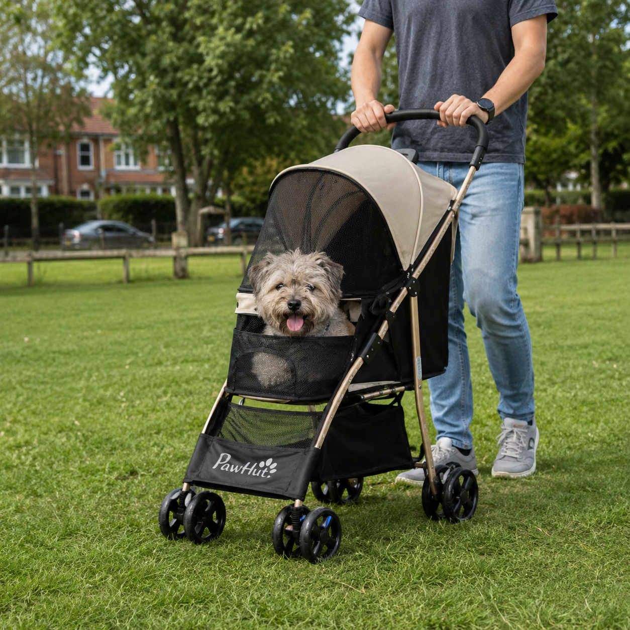 PawHut Pet Stroller for Small and Miniature Dogs, with Rain Cover - Khaki