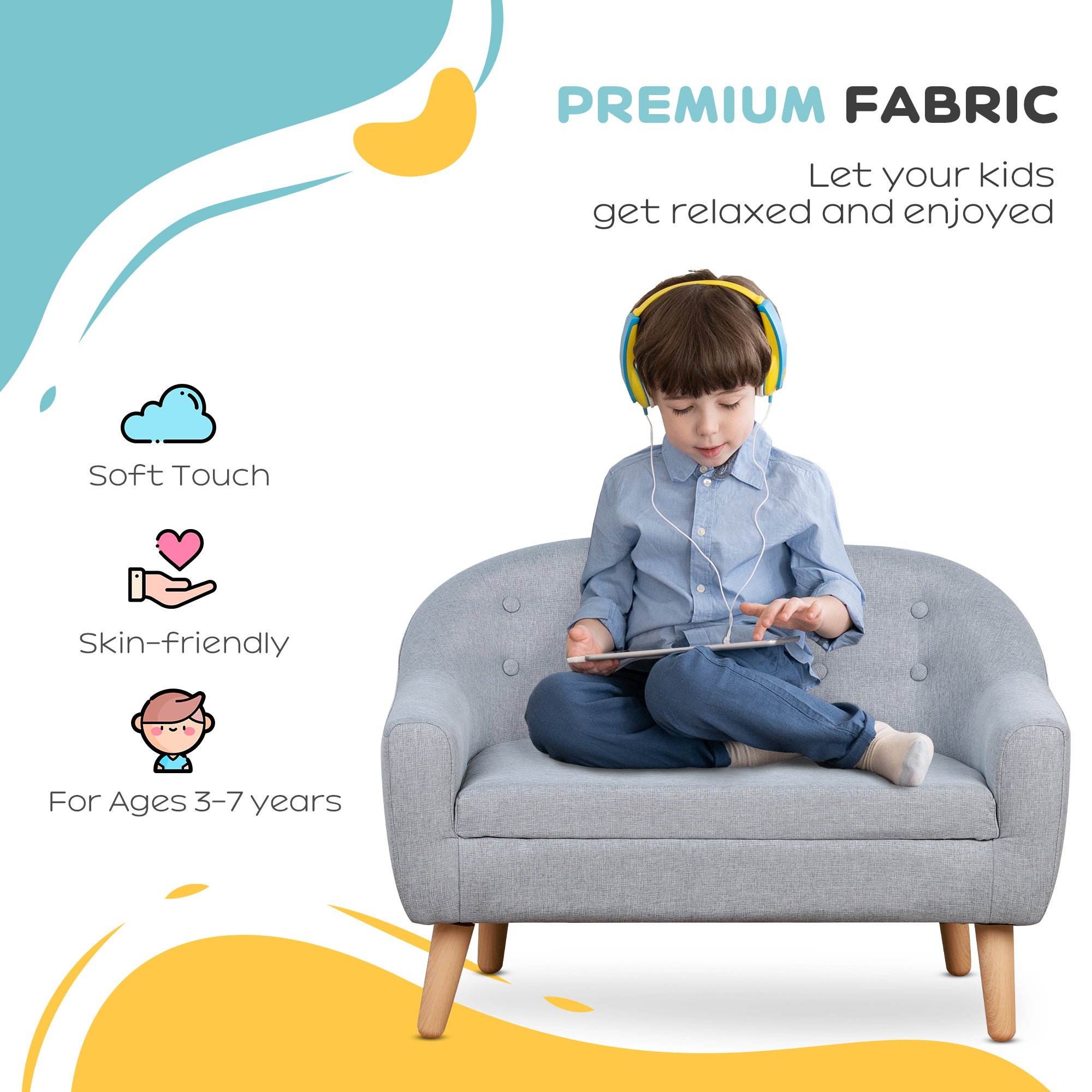 HOMCOM Children's Armchairs Kids Armchair Toddler Chair 2 Seater Wood Frame Mini Sofa for Bedroom Playroom Grey - North Peak Garden Furniture