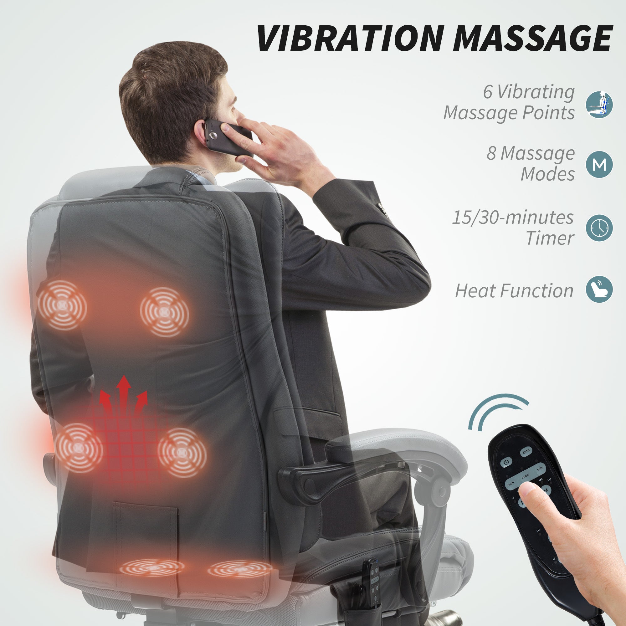 HOMCOM Executive Office Chair with 6-point Massage and Heat - Light Grey - North Peak Garden Furniture