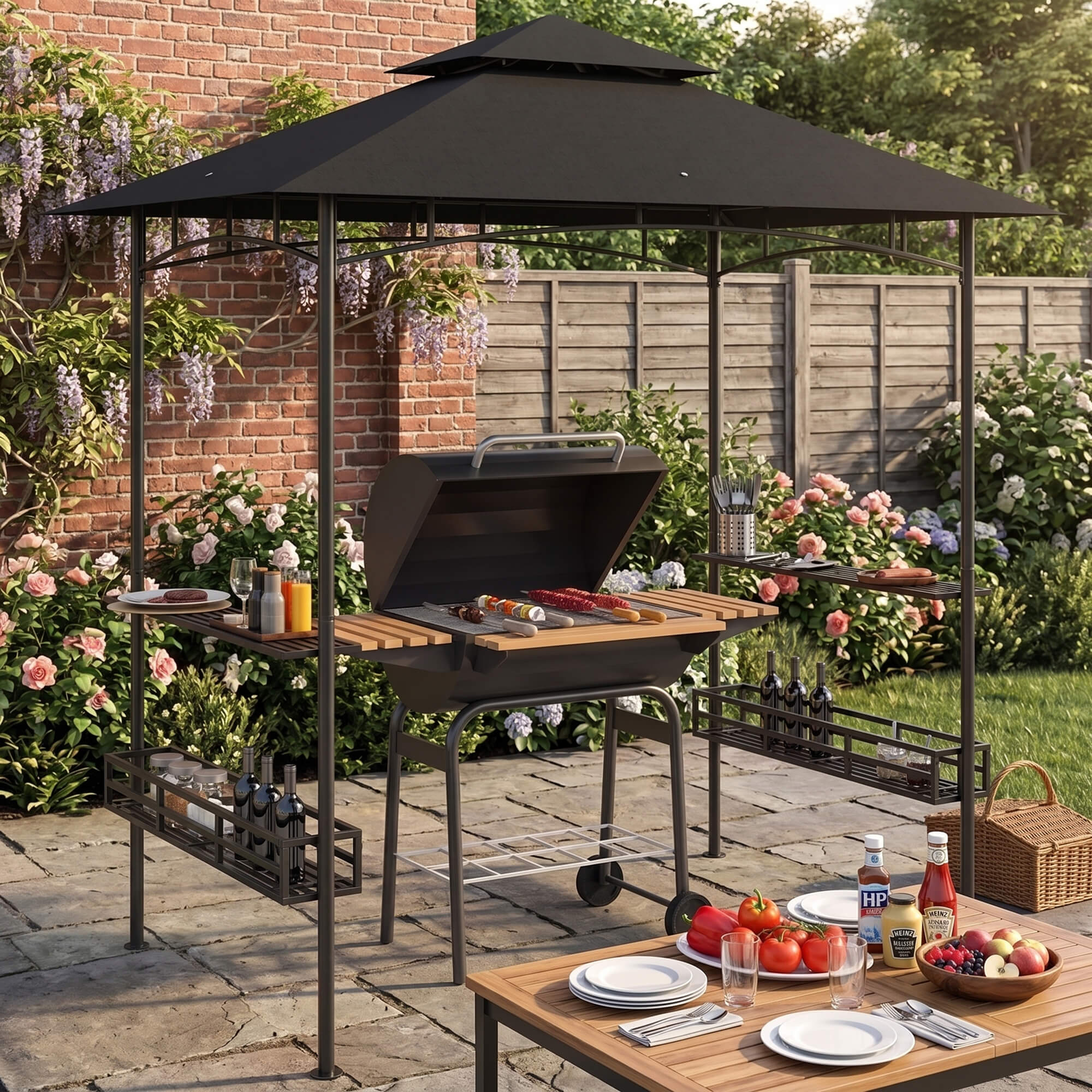 Outsunny 150 x 240cm BBQ Grill Gazebo, with Shelves - Grey