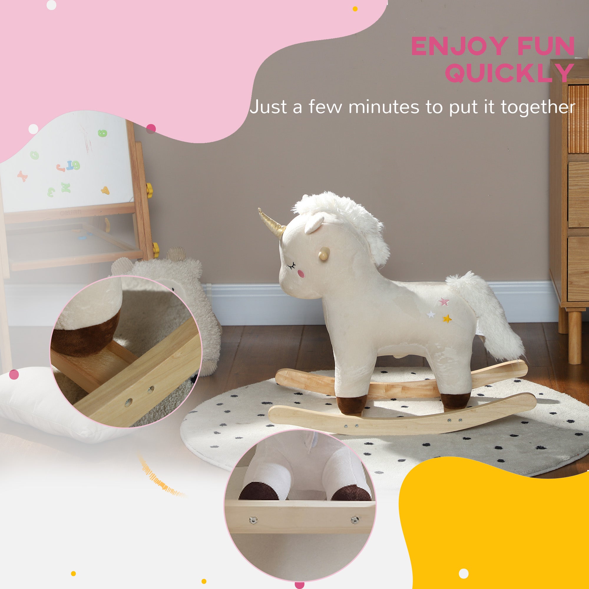 AIYAPLAY Rocking Horse with Unicorn Design, Sounds, for Ages 2-4 Years, White - North Peak Garden Furniture