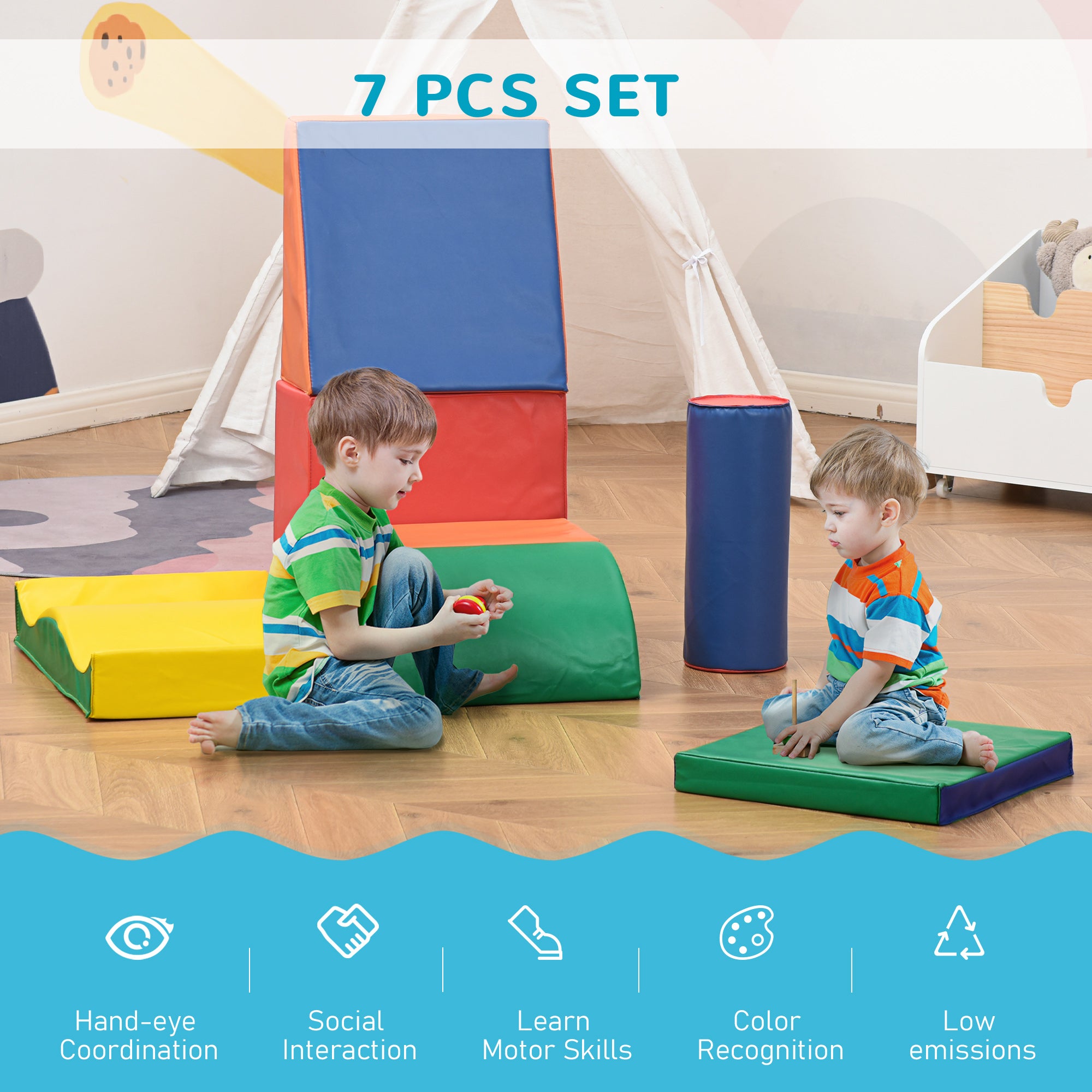 HOMCOM Soft Play Set, 7 Piece Soft Foam Blocks, Toddler Climb and Crawl Activity Play Set for 1-3 Years, Soft Play Equipment for Building and Stacking, Educational Play, Red - North Peak Garden Furniture