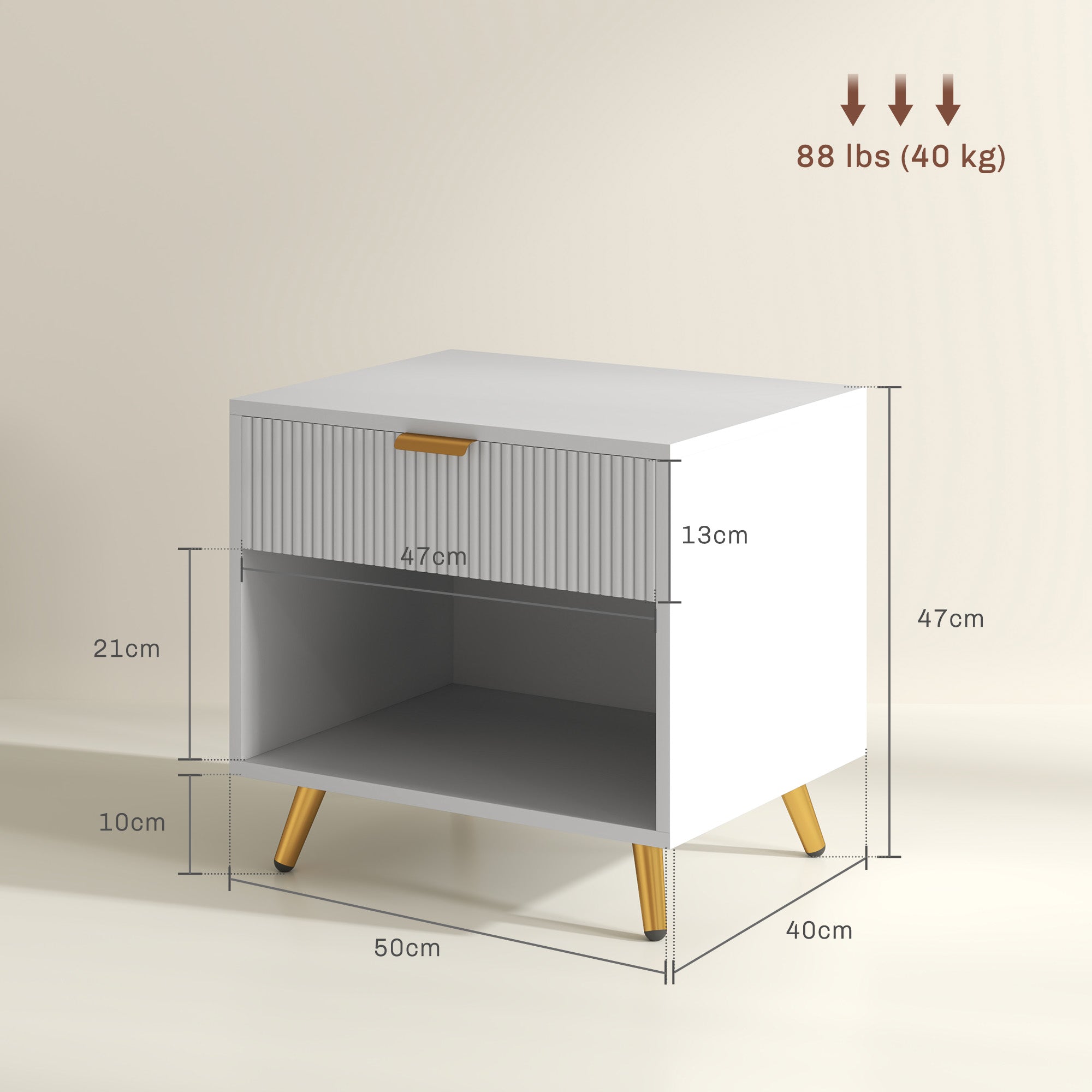 HOMCOM Elegant Bedside Table, with Drawer and Shelf - White/Gold Tone - North Peak Garden Furniture