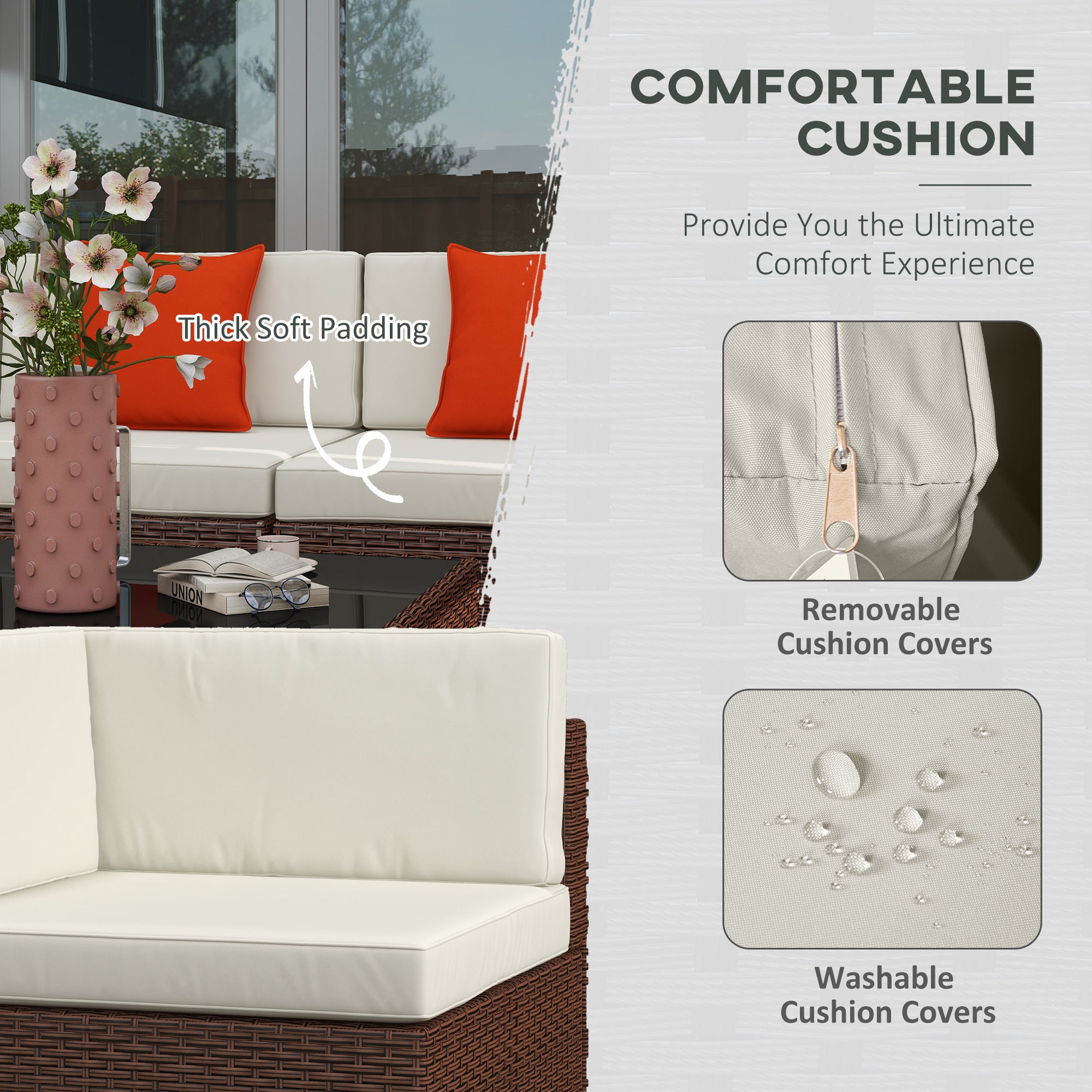 Outsunny Seven-Piece Rattan Garden Set, with Glass-Top Table - Brown/Beige - North Peak Garden Furniture