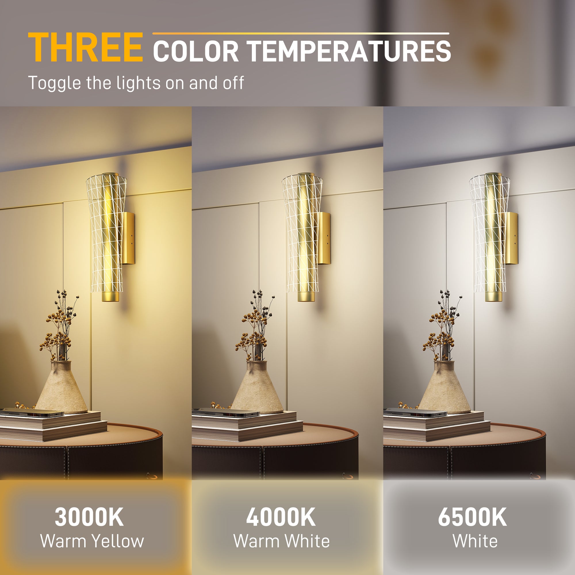 HOMCOM Led Wall Lamp 2 Pack, 9W Modern Indoor Geometric Mesh Wall Light, Colour Temperature Adjustable 3000K/4000K/6500K for Bedroom, Living Room, Hallway, Stairs, Gold Tone - North Peak Garden Furniture