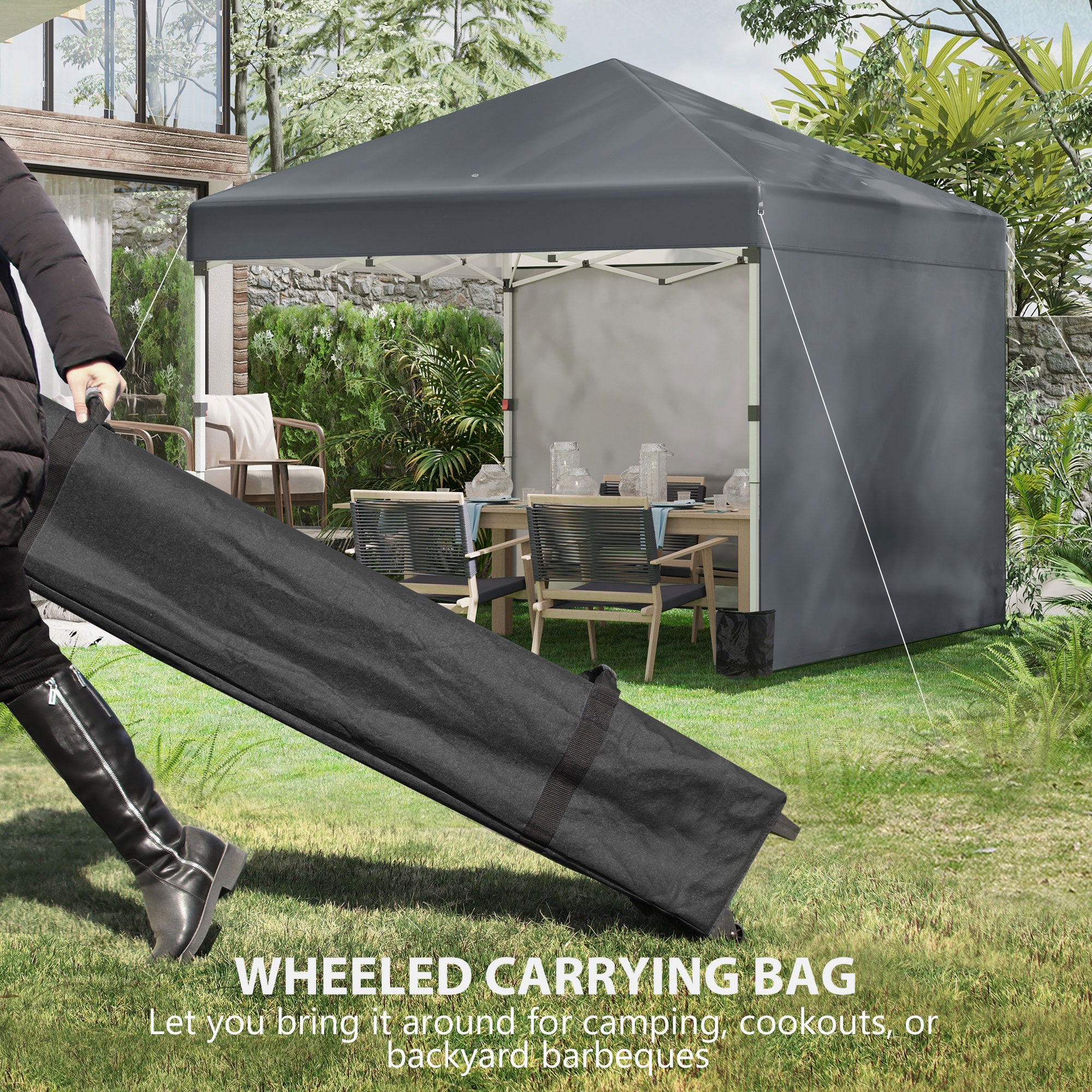 Outsunny 3 x 3 (M) Pop Up Gazebo, UPF 30+ with 2 Sidewalls, Leg Weight Bags and Wheeled Bag, Height Adjustable Party Tent Event Shelter for Garden, Patio, Dark Grey - North Peak Garden Furniture