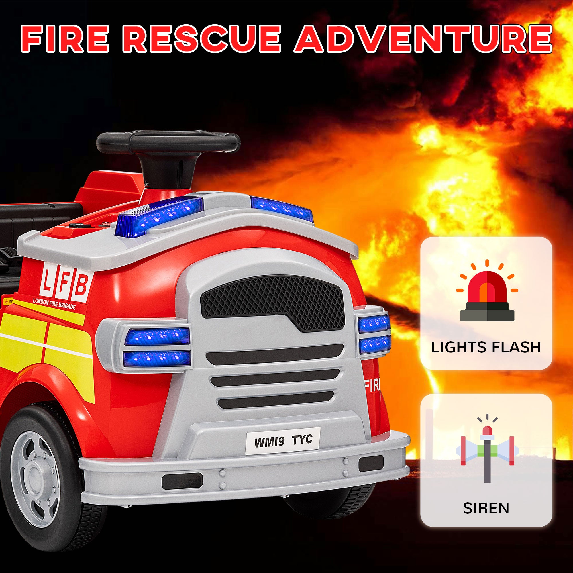 AIYAPLAY Ride on Fire Truck, 12V Kids Electric Car with Siren and Flashing Lights, Firefighting Tools, Music Horn, Slow Start