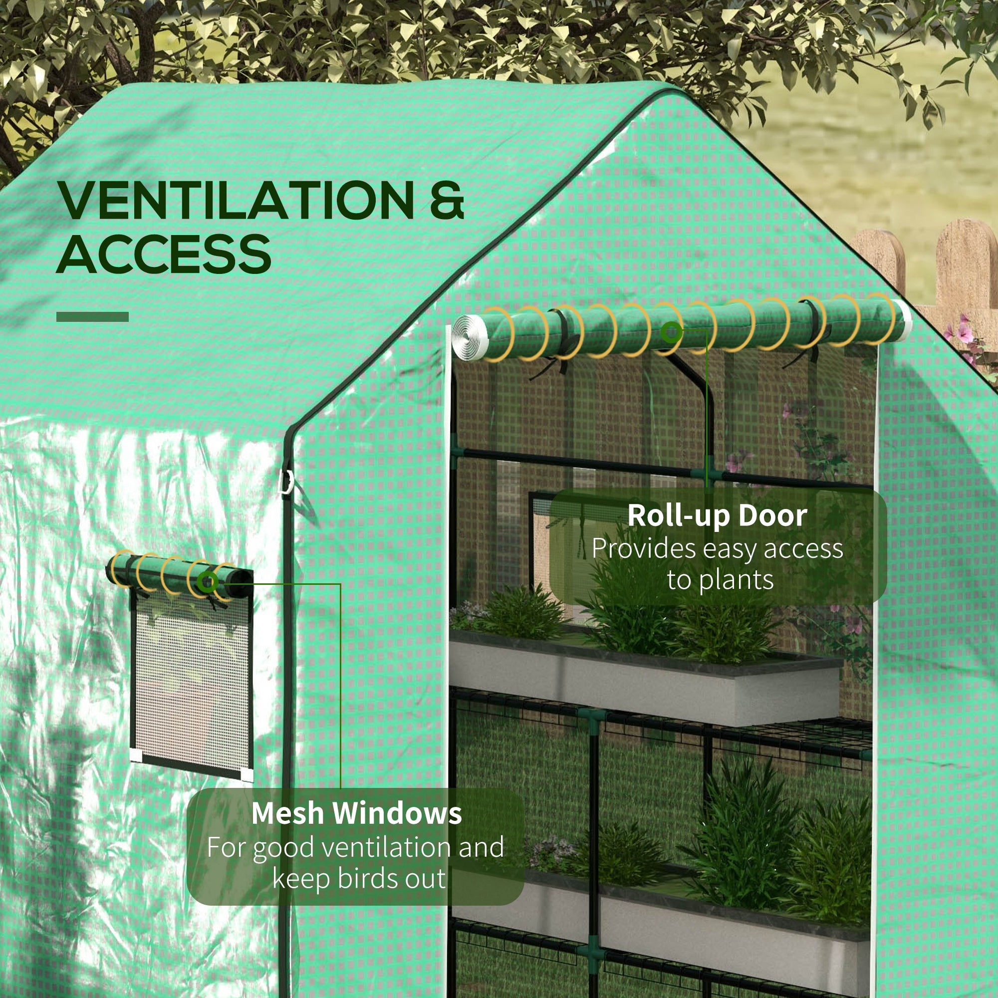 Outsunny Greenhouse Cover Replacement Walk-in PE Hot House Cover with Roll-up Door and Windows, 140 x 143 x 190cm, Green - North Peak Garden Furniture