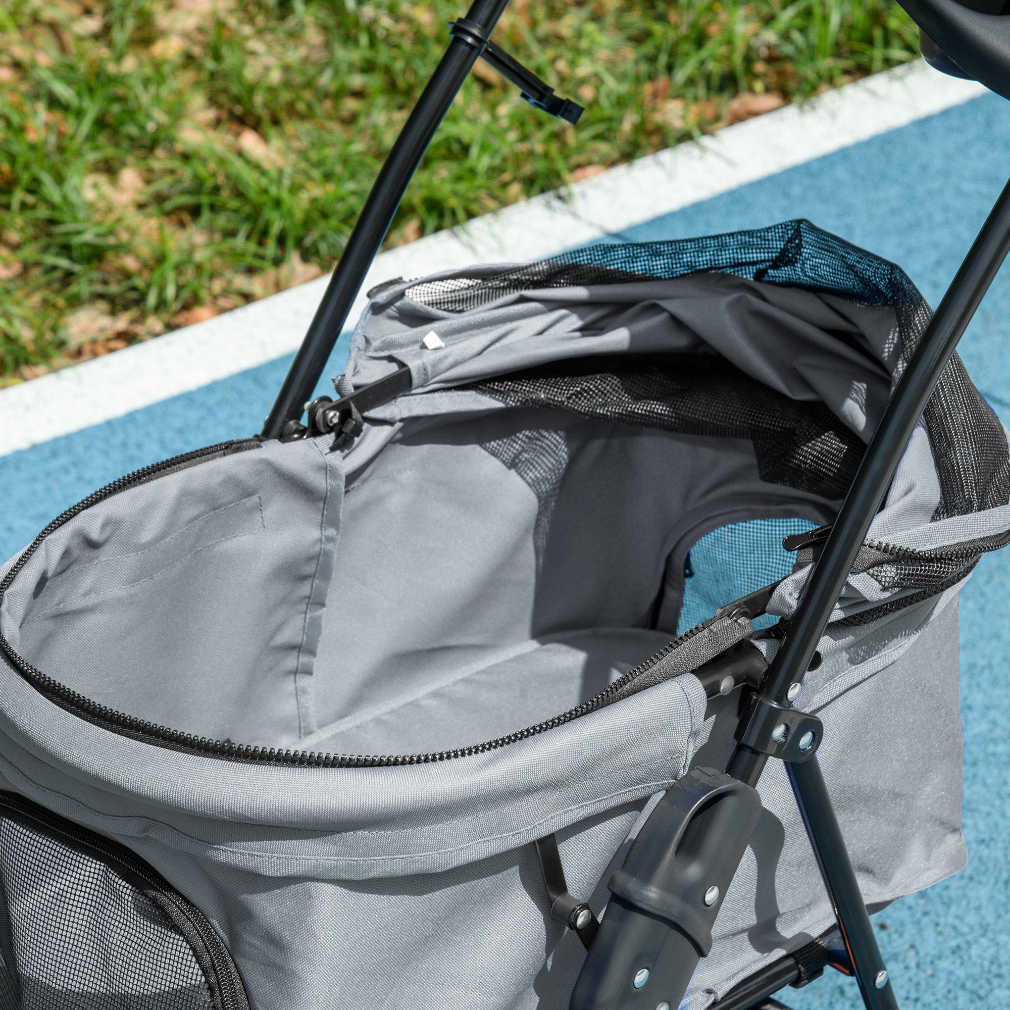 PawHut Dog Stroller with Rain Cover, Dog Pushchair One-Click Fold Trolley Jogger with EVA Wheels Brake Basket Adjustable Canopy Safety Leash for Small Dogs, Grey - North Peak Garden Furniture