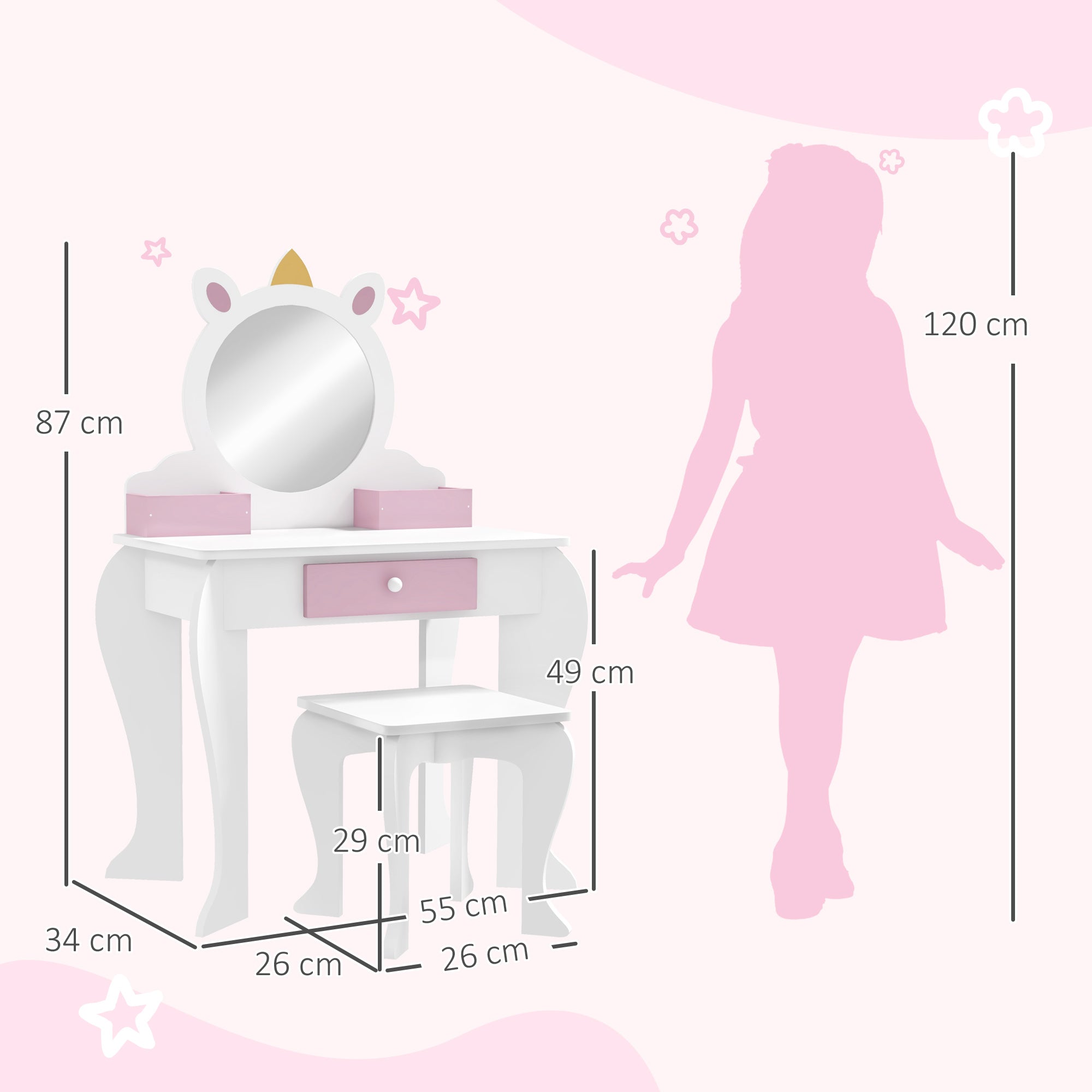 ZONEKIZ Unicorn-Design Kids Dressing Table, with Mirror and Stool - White - North Peak Garden Furniture