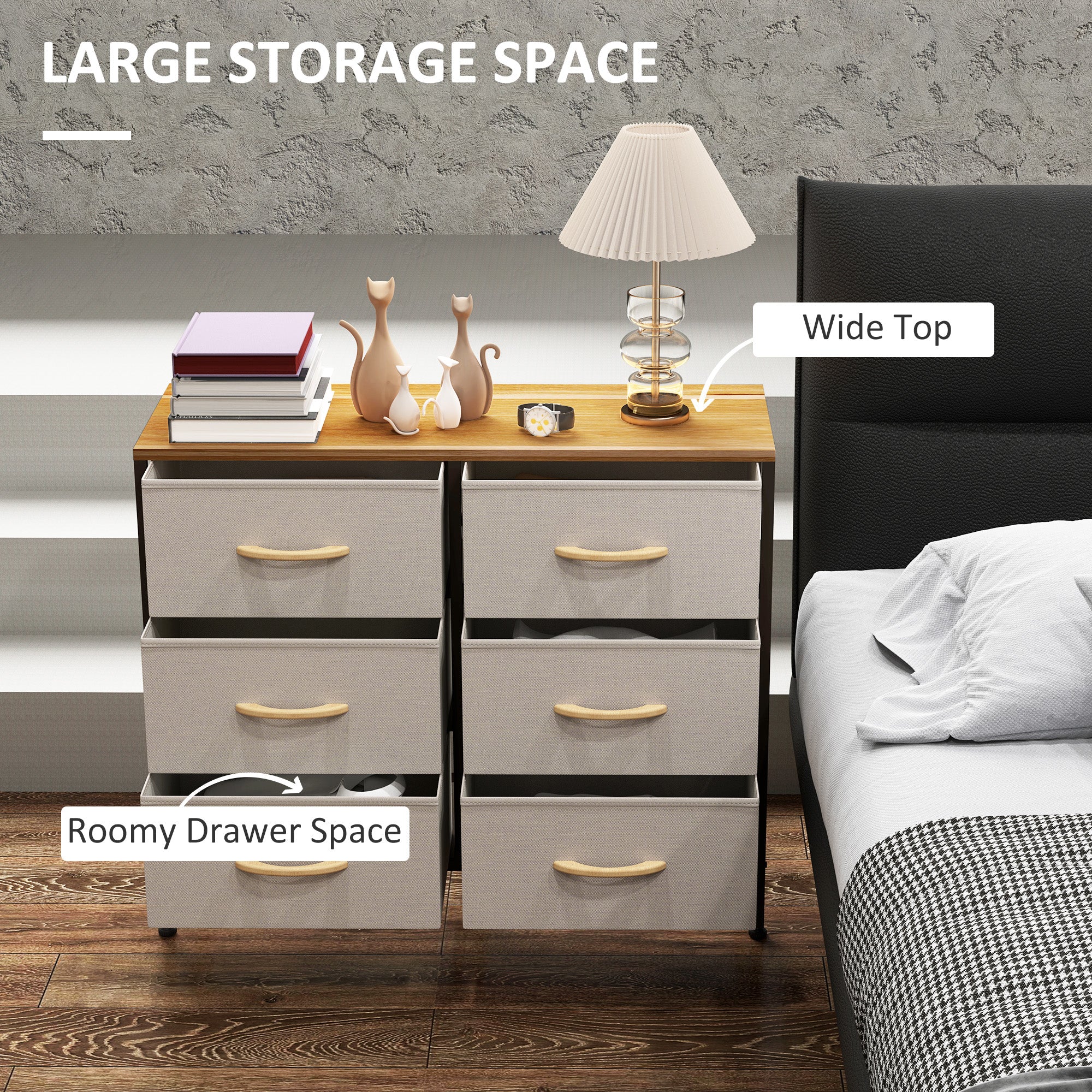 HOMCOM Fabric Chest of Drawers, Storage Drawers, Industrial Bedroom Dresser with 6 Fabric Drawers, Steel Frame and Wooden Top for Nursery, Living Room, Hallway, Cream White - North Peak Garden Furniture