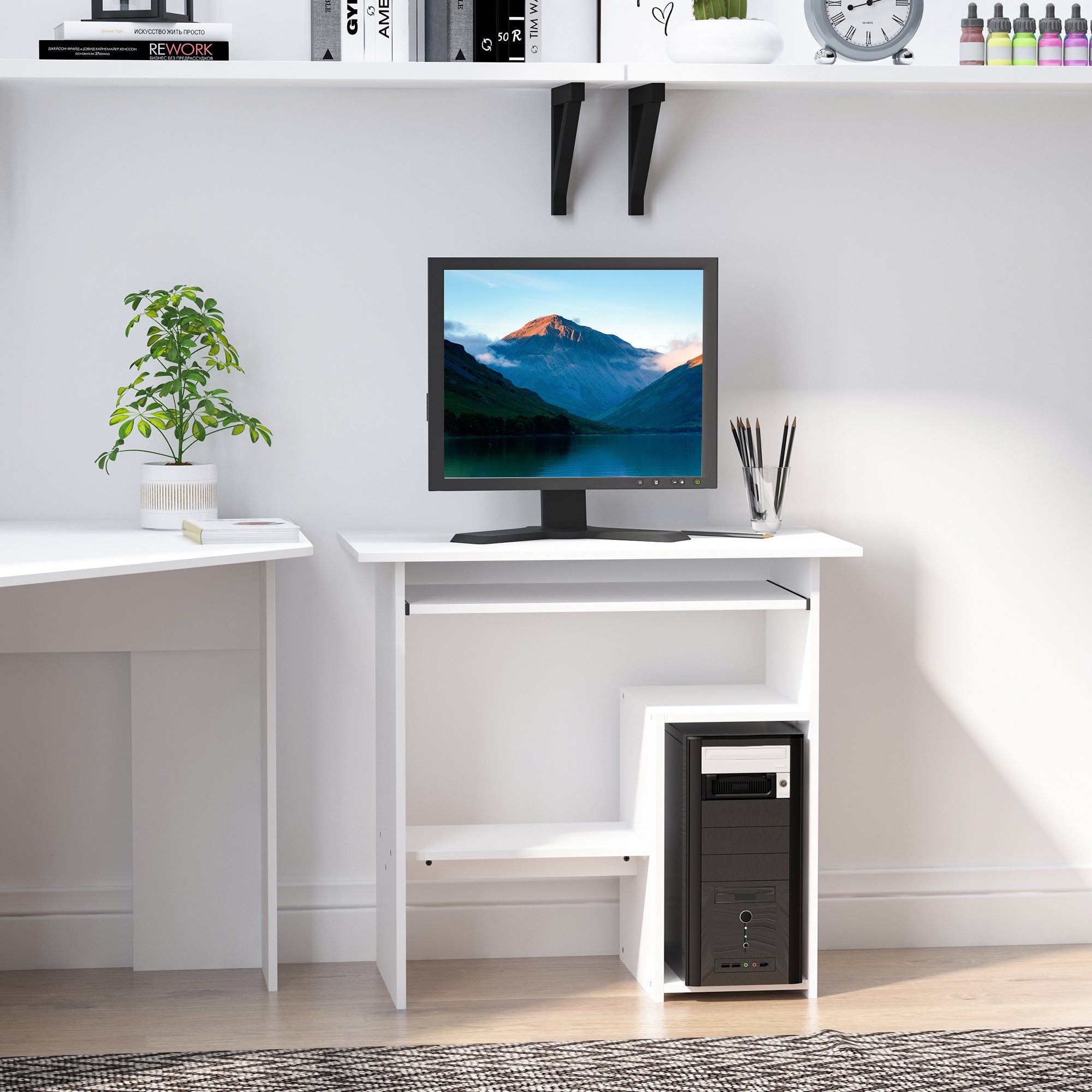 HOMCOM Compact Small Computer Table Wooden Desk Keyboard Tray Storage Shelf Modern Corner Table Home Office White - North Peak Garden Furniture