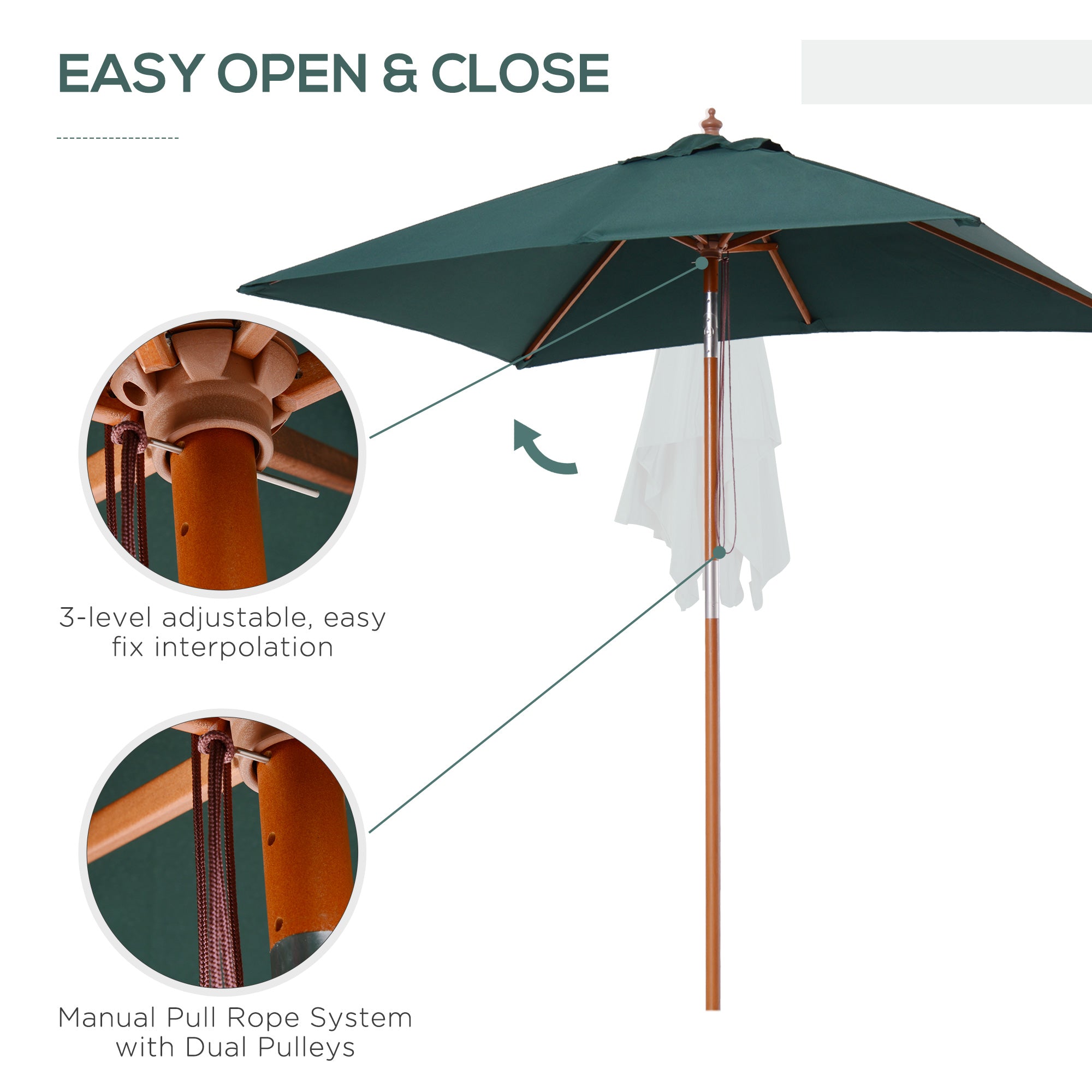 Outsunny Garden Umbrella Patio Umbrella Market Parasol, Outdoor Sunshade 6 Ribs w/ Wood and Bamboo Frame, Brown Green