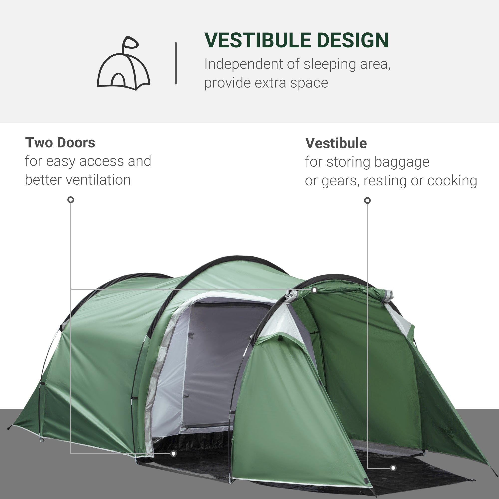 Outsunny Three-Man, Two-Room Tent - Green - North Peak Garden Furniture