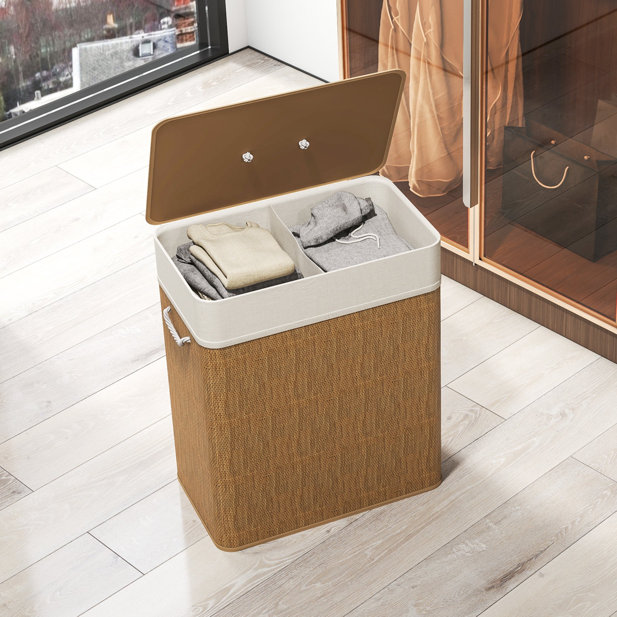HOMCOM Double Laundry Basket with Lid, 100L Bamboo Laundry Hamper with Rope Handles, Washing Basket with Removable Liner for Bathroom, Bedroom, Brown - North Peak Garden Furniture
