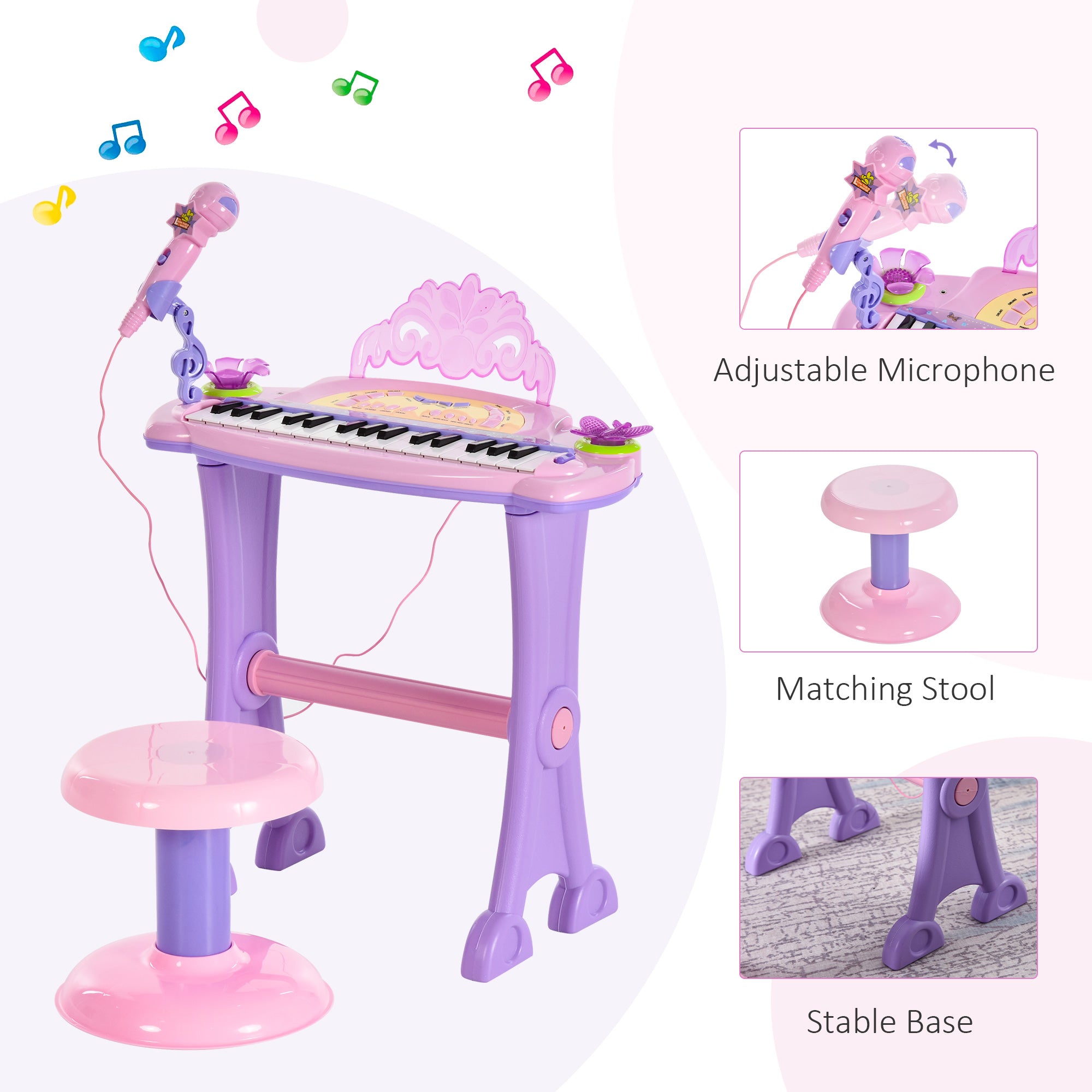HOMCOM 32 Keys Kids Mini Electronic Keyboard Musical Instrument Educational Game Toy Children Grand Piano Stool Micropho - North Peak Garden Furniture