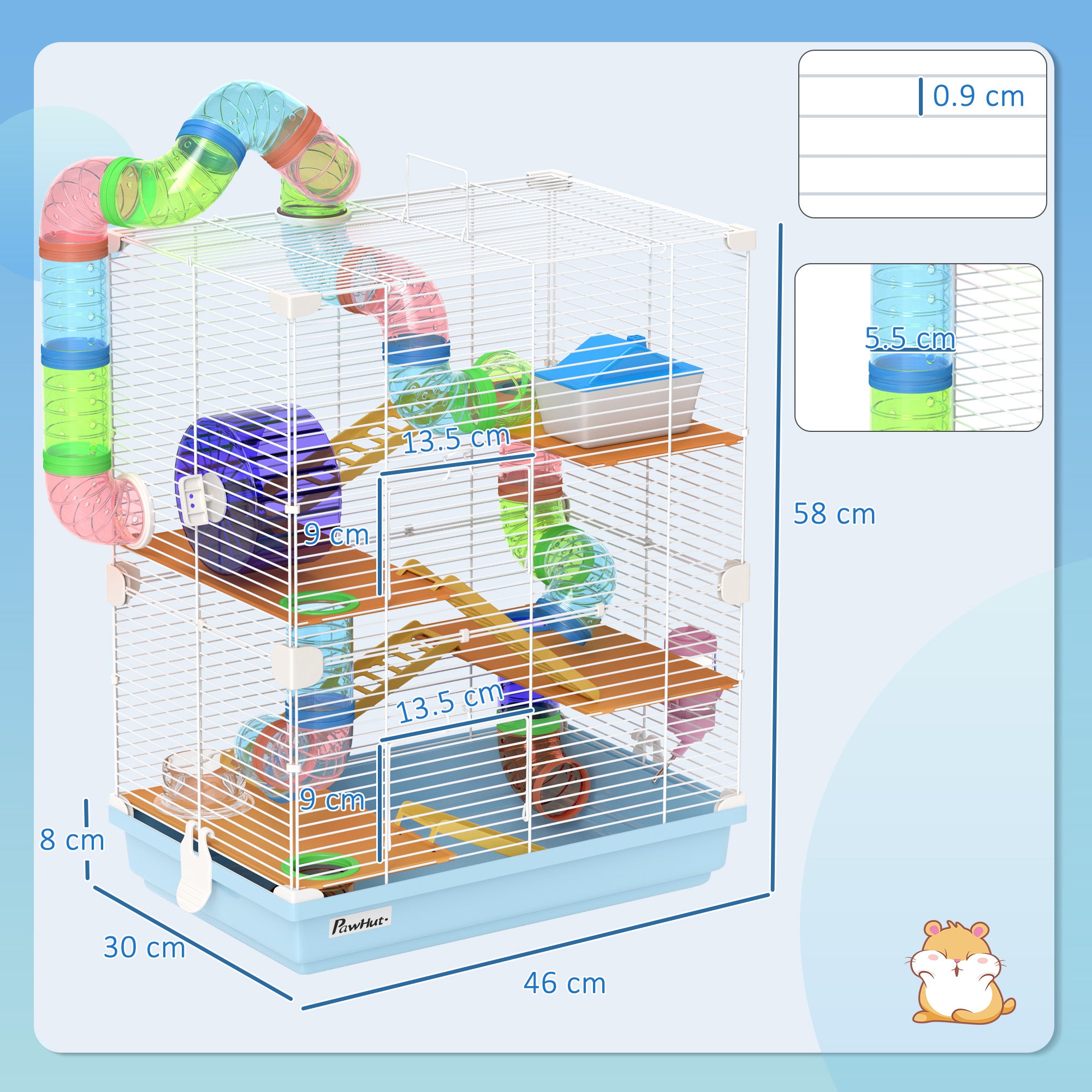 PawHut 5 Tier Hamster Cage Carrier Habitat w/ Exercise Wheels, Tunnel, Light Blue - North Peak Garden Furniture