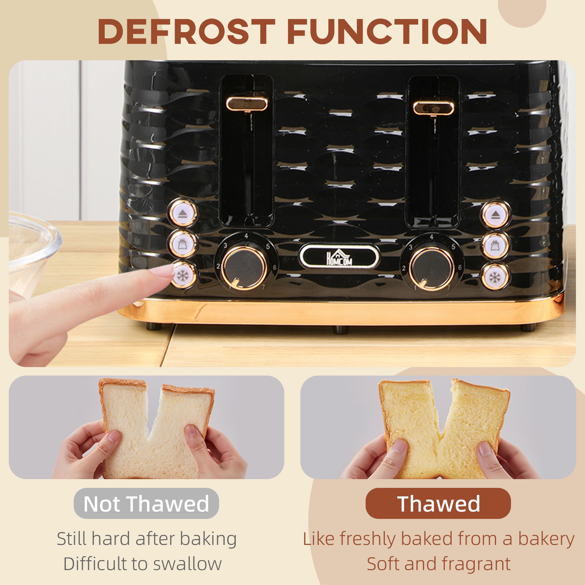 HOMCOM 4 Slice Toaster with 7 Browning Levels, High Lift, Reheat/Defrost/Cancel, Self-centring Function, Removable Crumb Tray, Auto Off, 1600W, Black Water Ripple Texture
