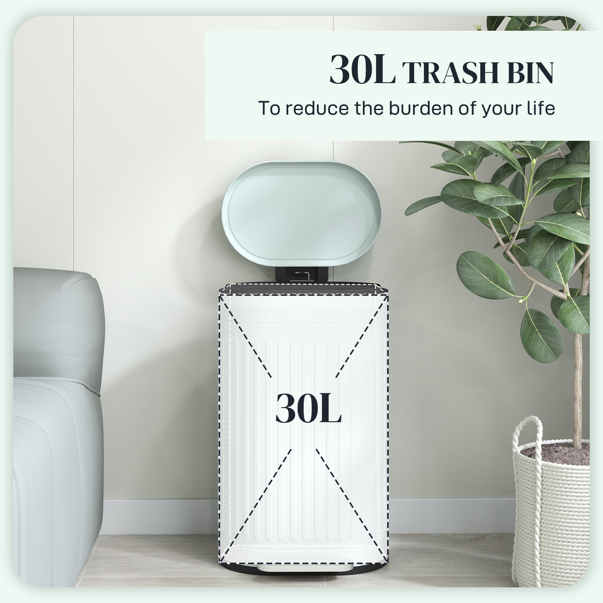HOMCOM 30 Litre Pedal Bin, Fingerprint Proof Kitchen Bin with Soft-close Lid, Metal Rubbish Bin with Foot Pedal and Removable Inner Bucket, Light Green - North Peak Garden Furniture