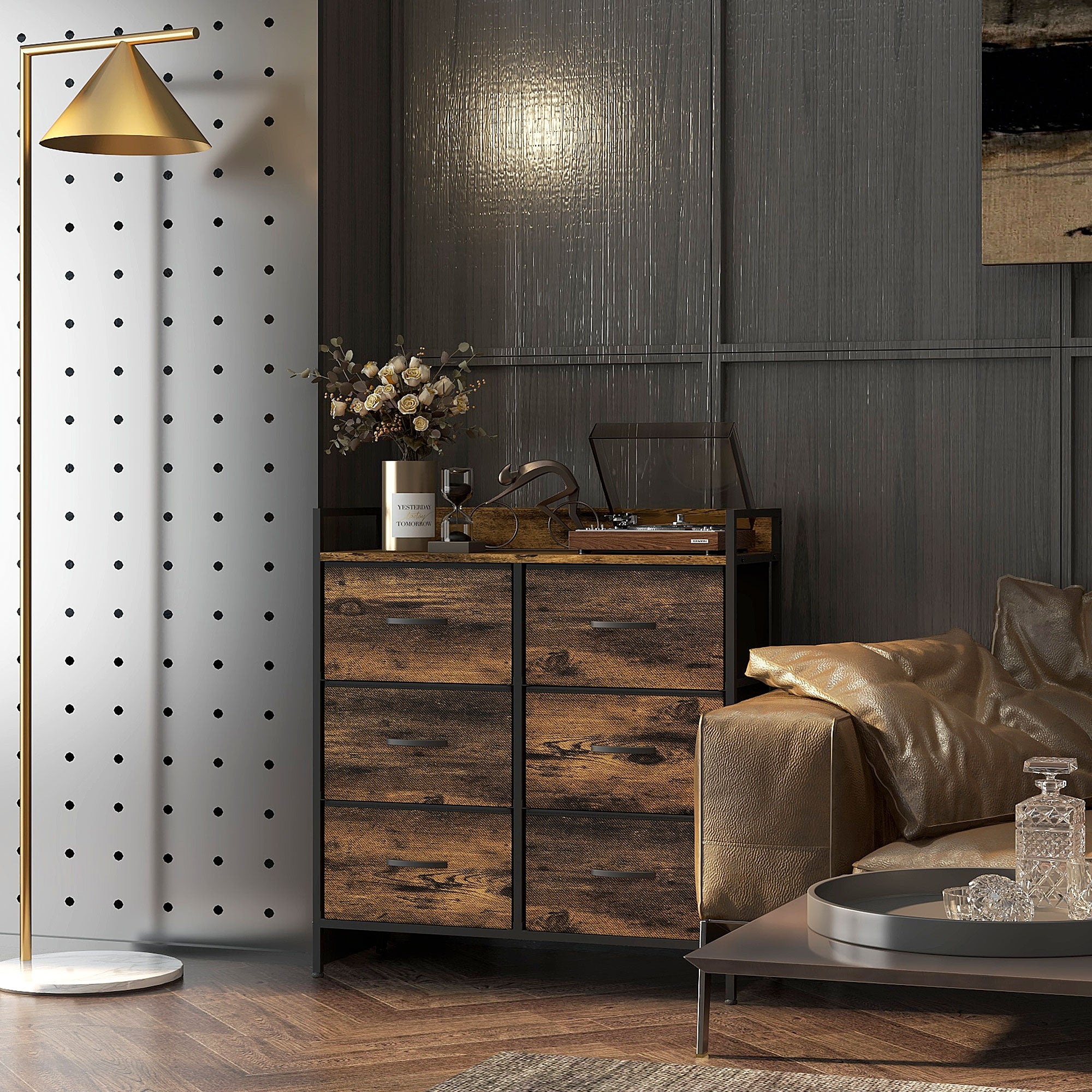 HOMCOM Rustic Chest of Six Fabric Drawers - Rustic Brown - North Peak Garden Furniture