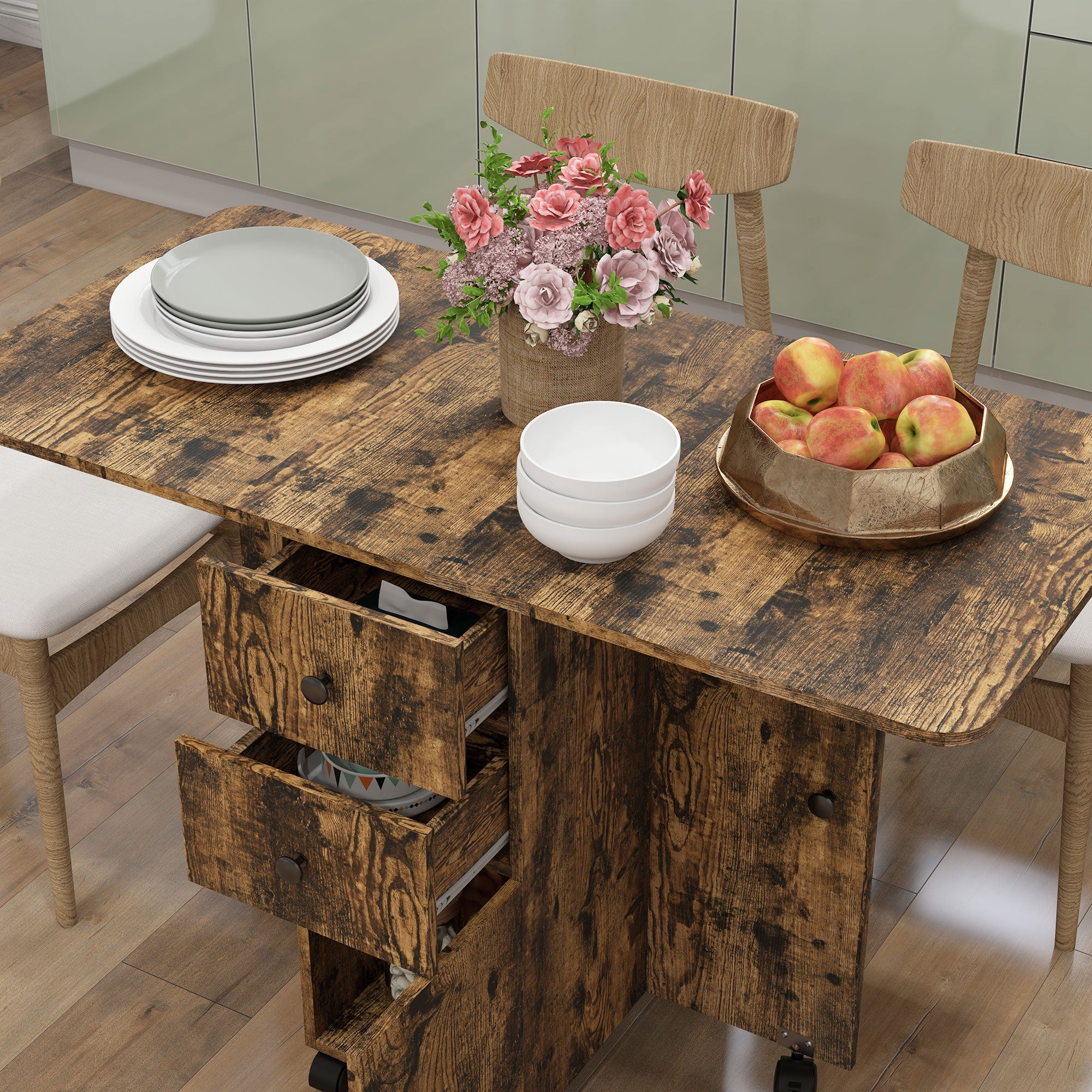 HOMCOM Multi-Storage Six-Person Drop Leaf Dining Table - Rustic Brown - North Peak Garden Furniture
