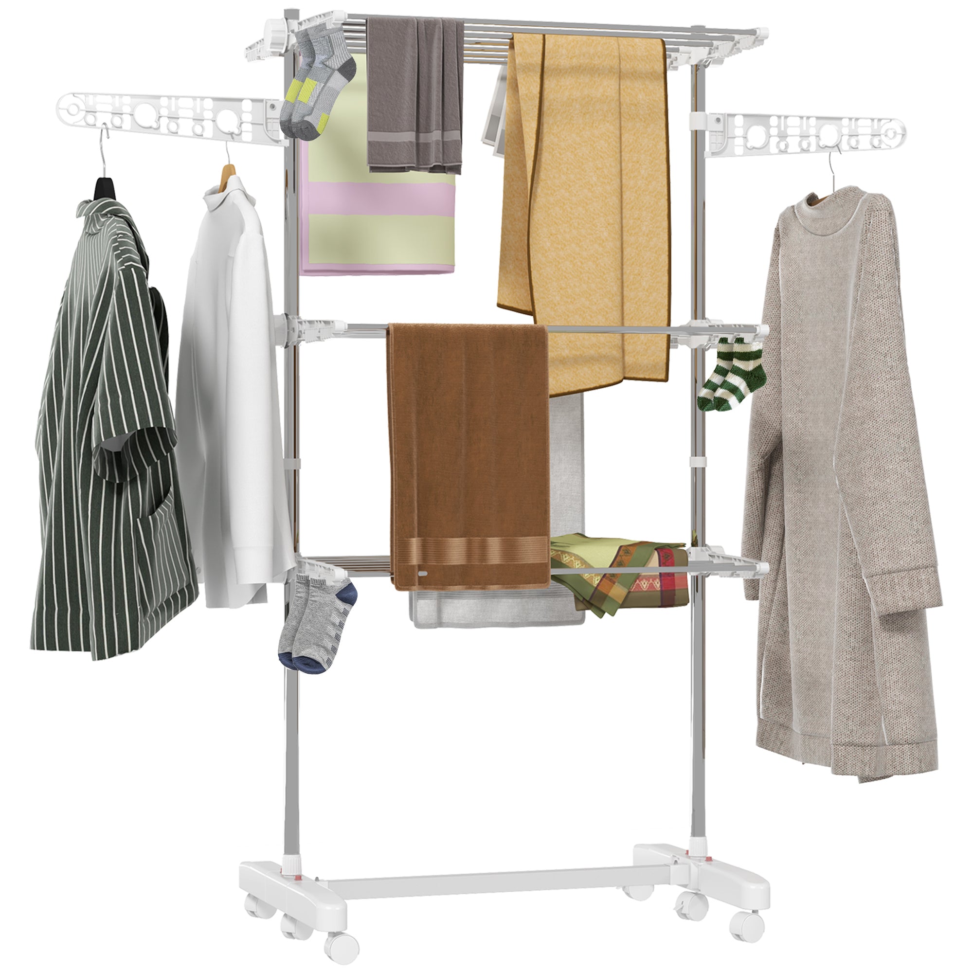 HOMCOM 3-Tier Clothes Airer, Foldable Clothes Drying Rack, Stainless Steel Indoor and Outdoor Clothes Dryer with Wheels and Wings, Easy Assembly, 142 x 55 x 152cm, White - North Peak Garden Furniture