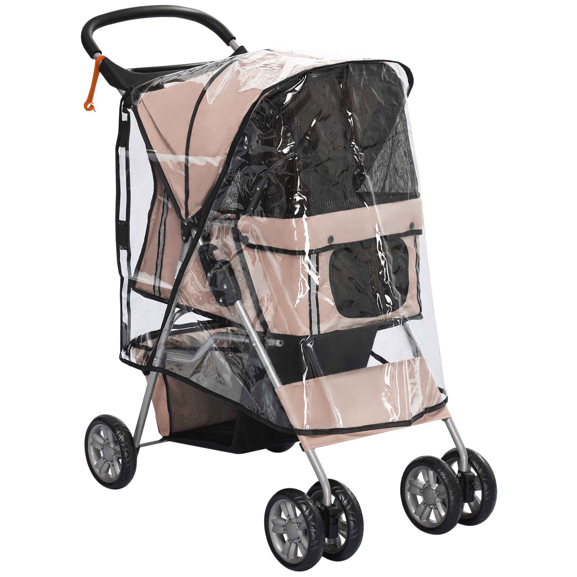 PawHut Dog Stroller with Rain Cover for Small Miniature Dogs, Folding Pet Pram with Cup Holder, Storage Basket, Reflective Strips, Brown - North Peak Garden Furniture