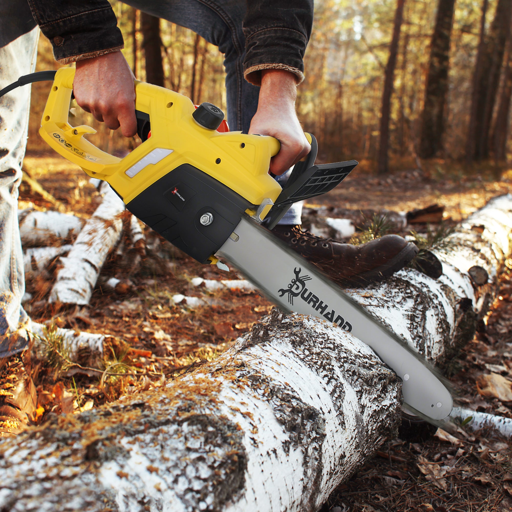 DURHAND Aluminium Chainsaw with Double Brake Protection and Blade Cover, 2000 W, 40 cm, for Wood, Trees and Branches, Yellow - North Peak Garden Furniture