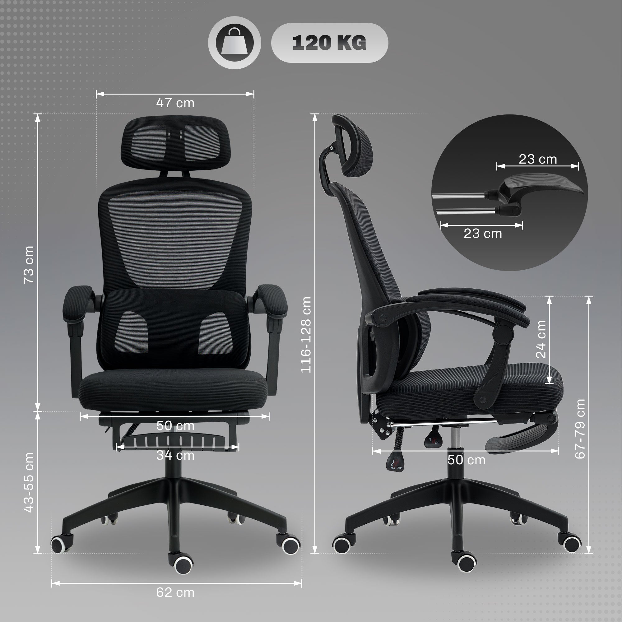 HOMCOM Ergonomic Office Chair, Mesh High Back Desk Chair with Adjustable Lumbar Support and Headrest, Footrest, Reclining Executive Swivel Computer Chair for Home Study, Black - North Peak Garden Furniture